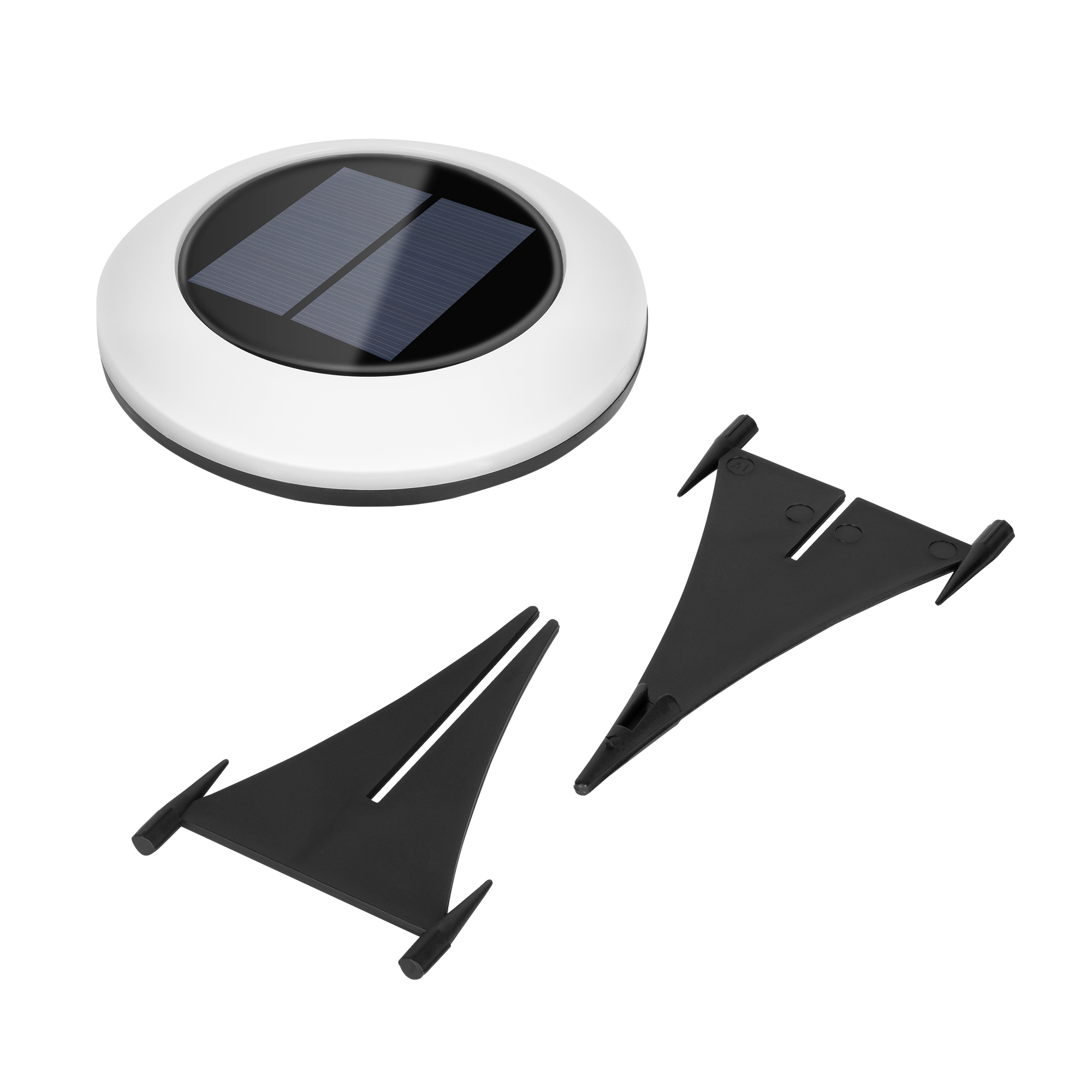 Okrągła biało-czarna lampa solarna z podwójnym panelem i dwoma czarnymi plastikowymi szpikulcami na czarnym tle.