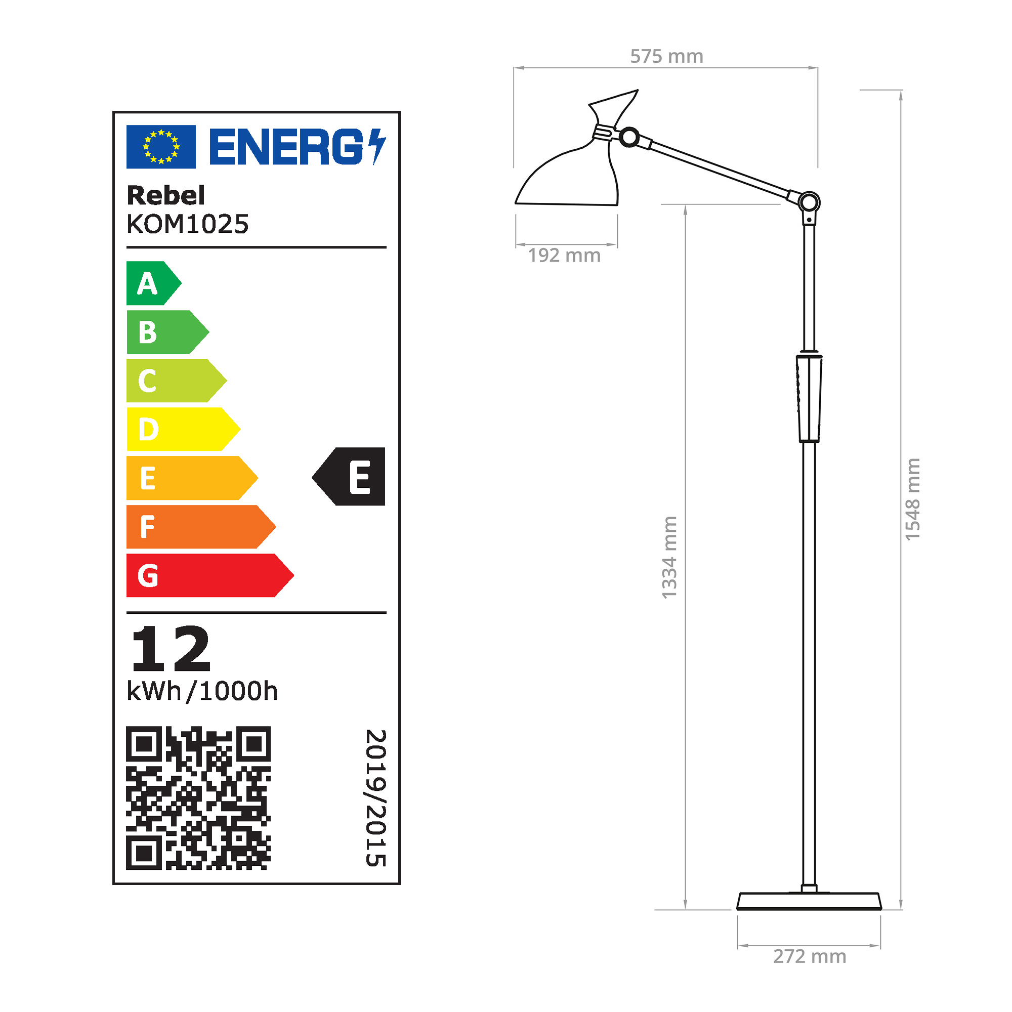 Etykieta energetyczna klasy E dla lampy stojącej Rebel KOM1025 z wymiarami.