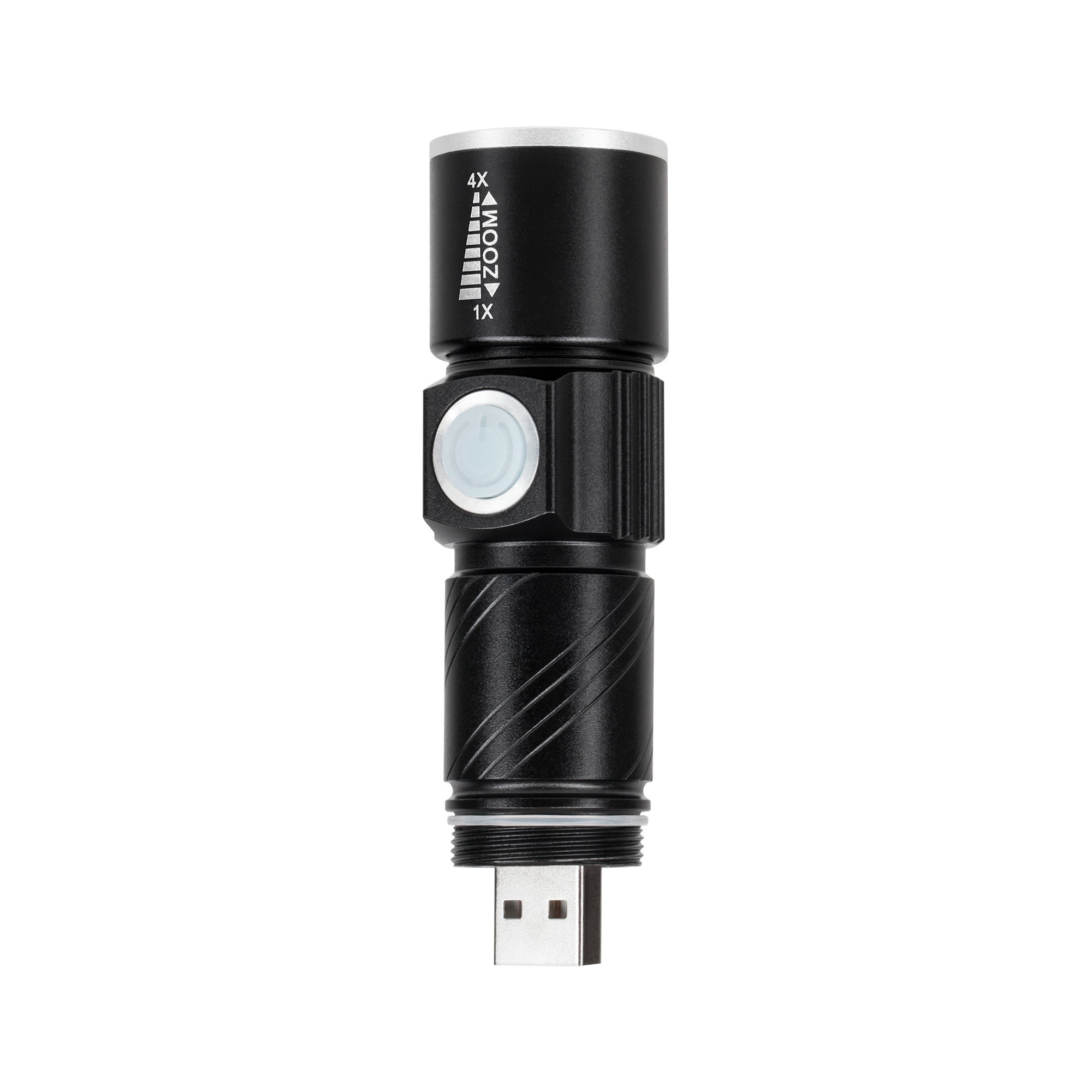 Kompaktowa czarna latarka ze zintegrowanym złączem USB i oznaczeniami zoomu.