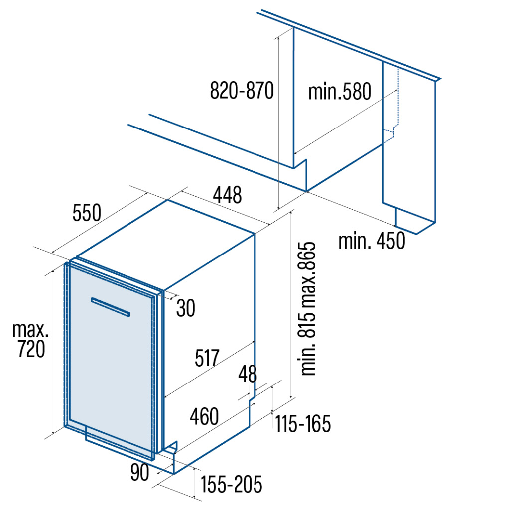 Dibujo técnico de dimensiones de un lavavajillas empotrable con medidas de instalación.