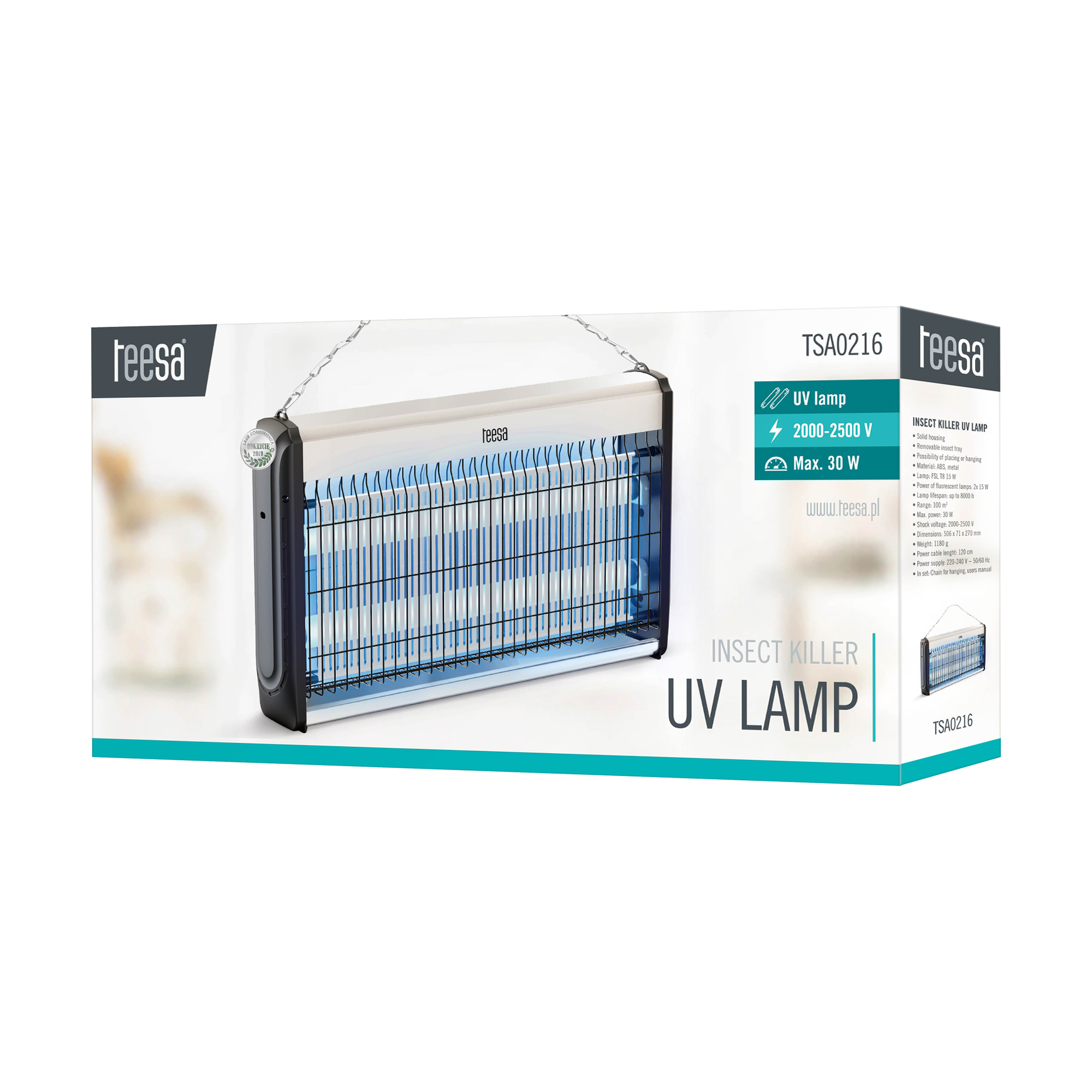 Opakowanie lampy owadobójczej UV Tesa TSA0216 ze zdjęciem produktu i specyfikacją.