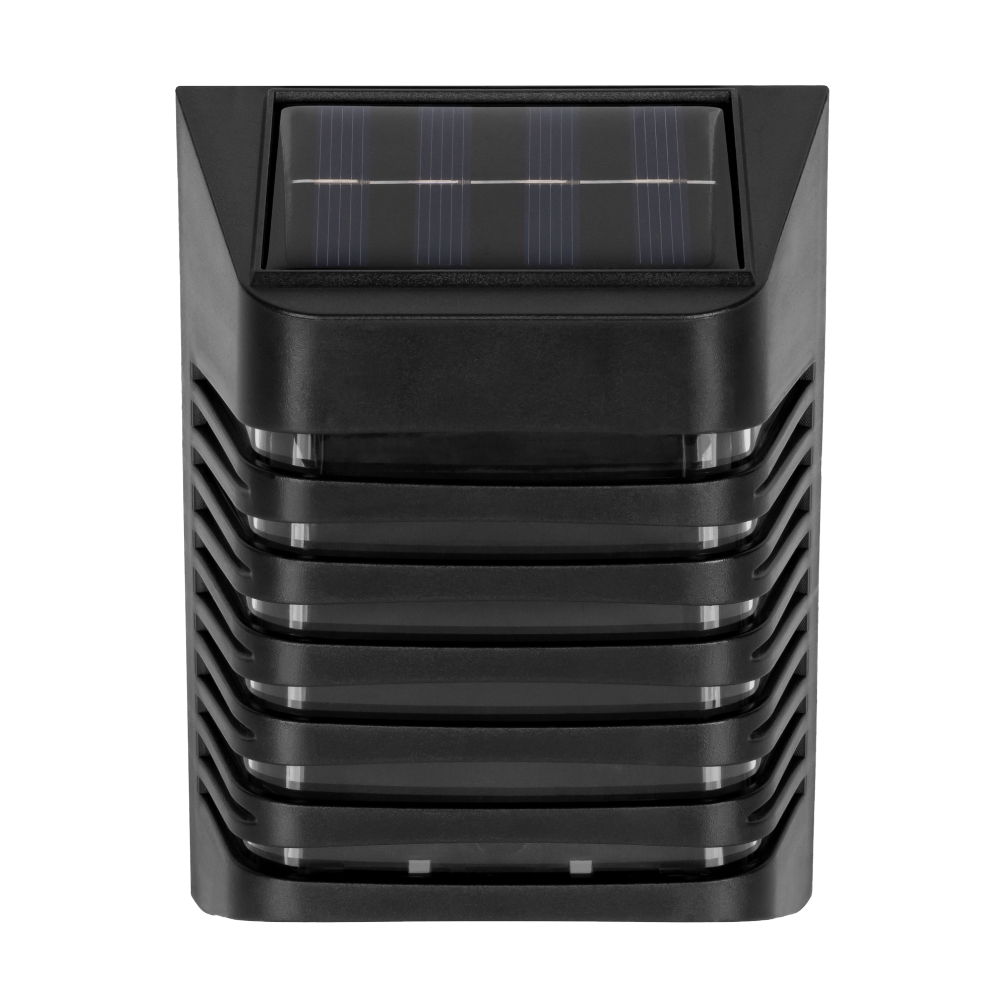 Czarna ścienna lampa solarna z górnym panelem słonecznym i poziomymi żaluzjami.