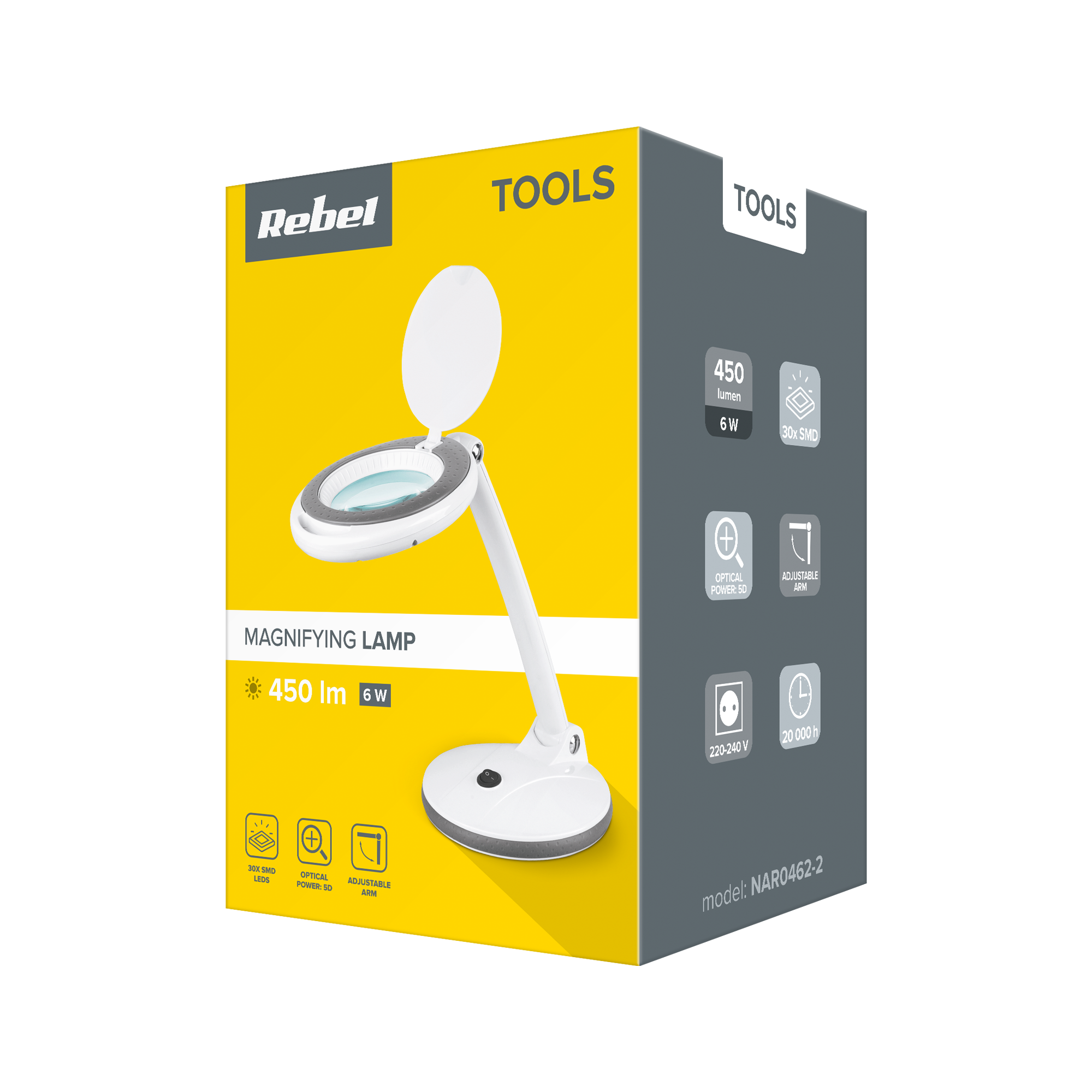 Opakowanie produktu lampy lupowej Rebel Tools z oświetleniem LED, żółto-szare, na czarnym tle.