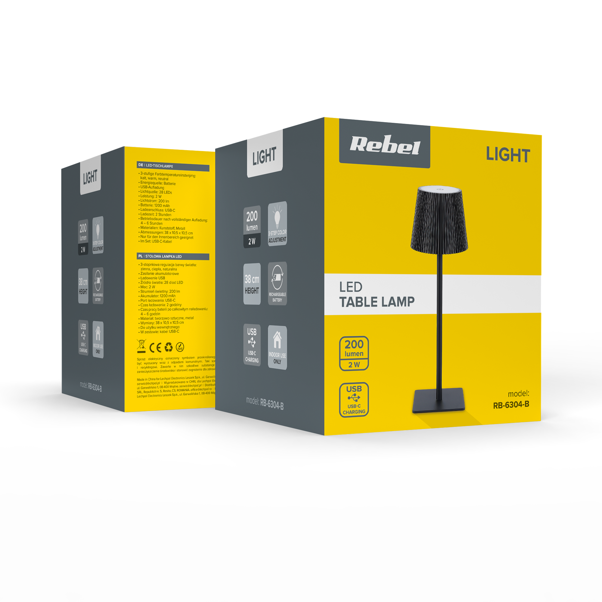 Żółto-szare opakowanie lampki biurkowej LED Rebel RB-6304-B ze zdjęciem produktu na czarnym tle.