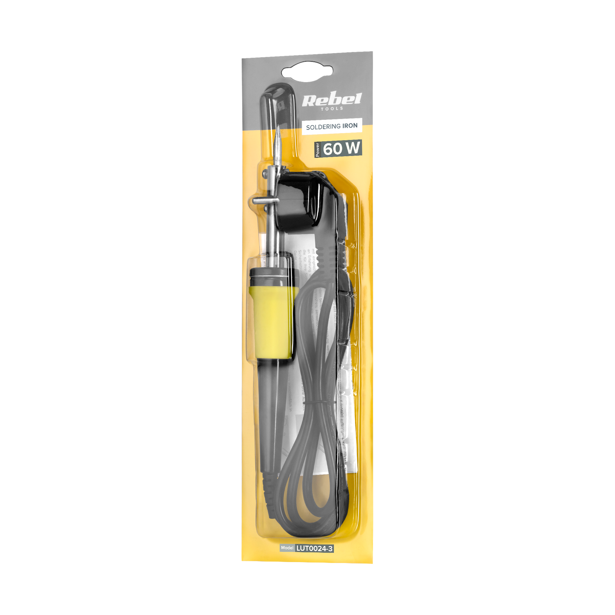 Lutownica 60W marki Rebel Tools w oryginalnym opakowaniu na czarnym tle.