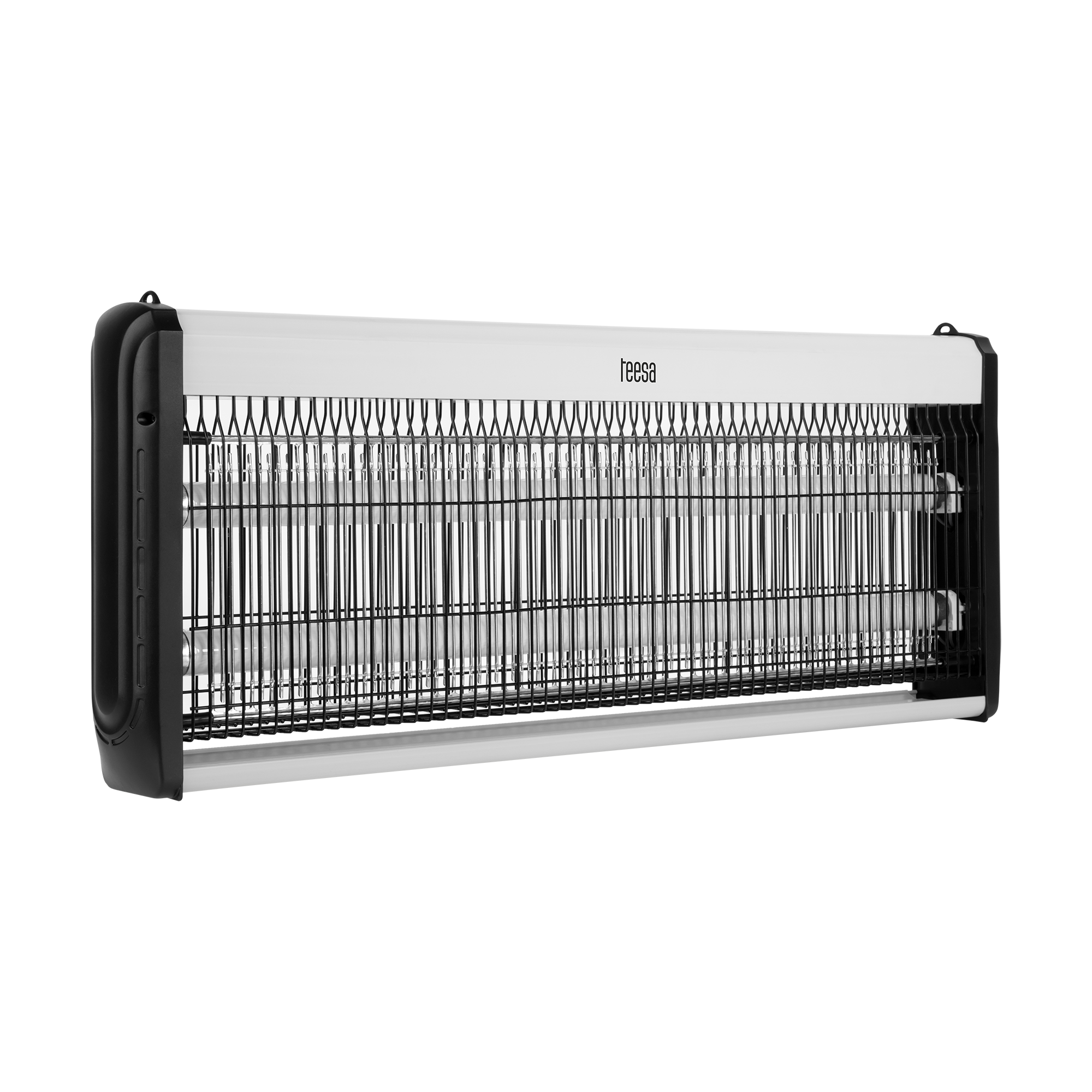 Biało-czarna lampa owadobójcza Teesa z dwiema świetlówkami UV za metalową kratką ochronną na czarnym tle.
