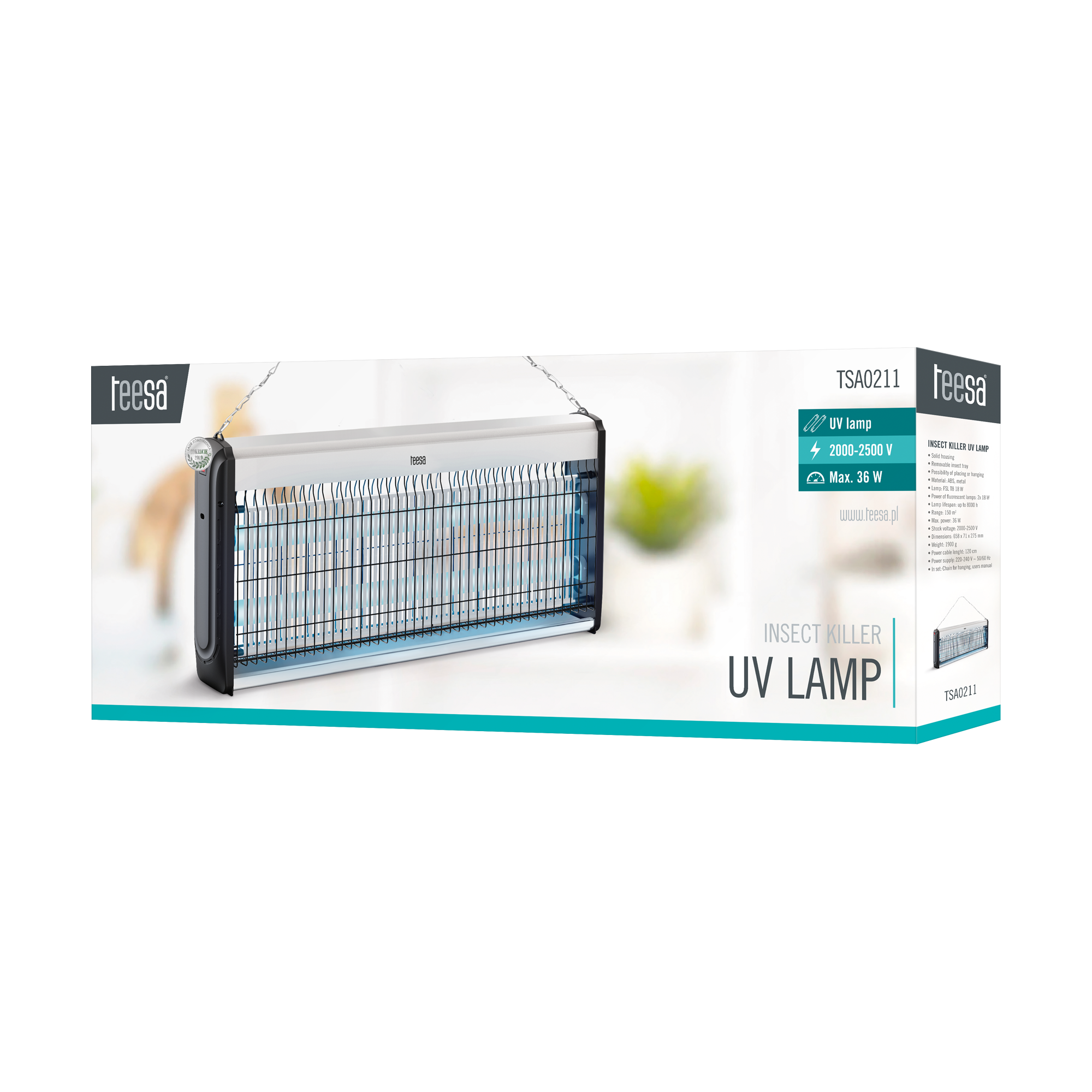Opakowanie produktu lampy owadobójczej UV Teesa z danymi technicznymi.