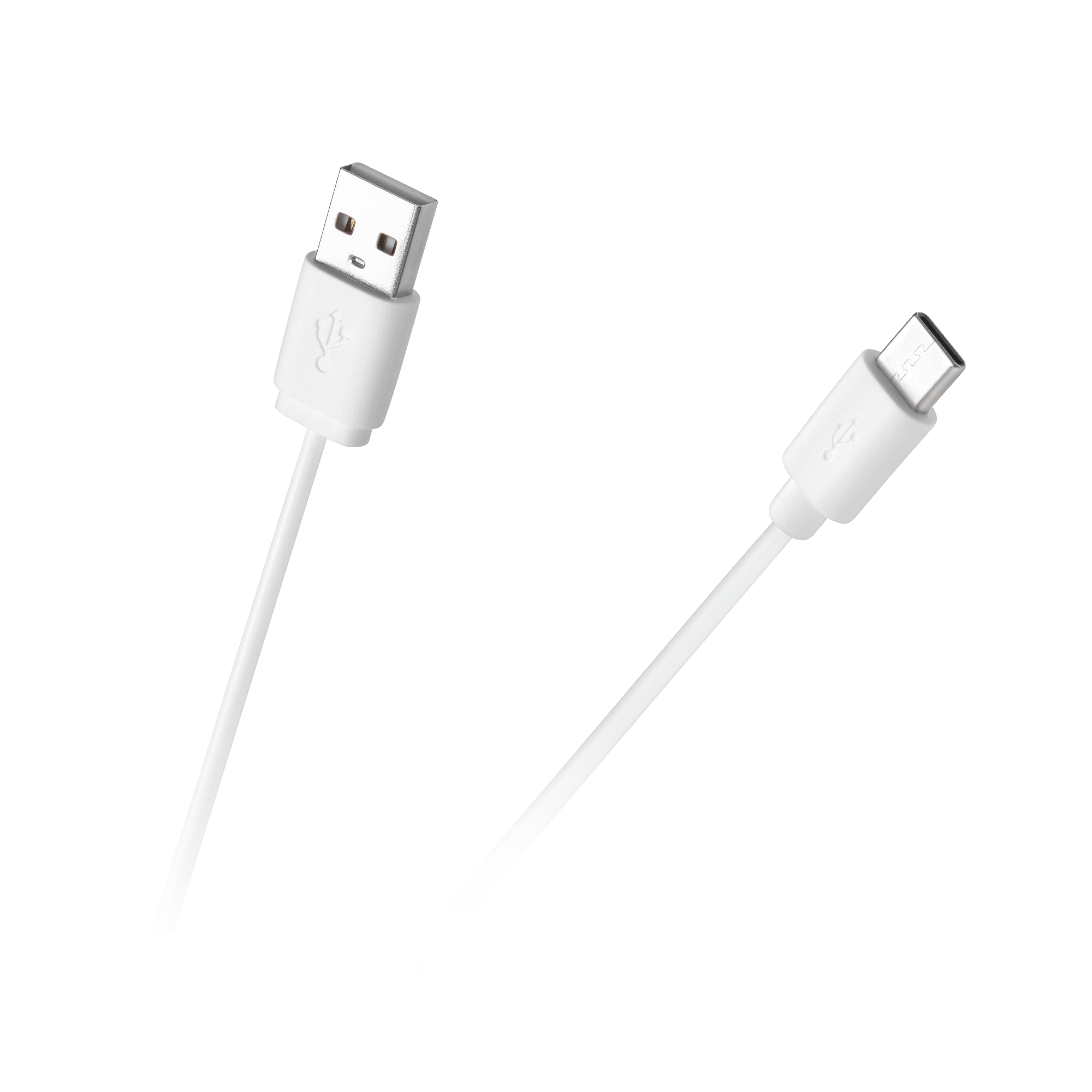 Biały kabel USB-A i kabel USB-C na czarnym tle.