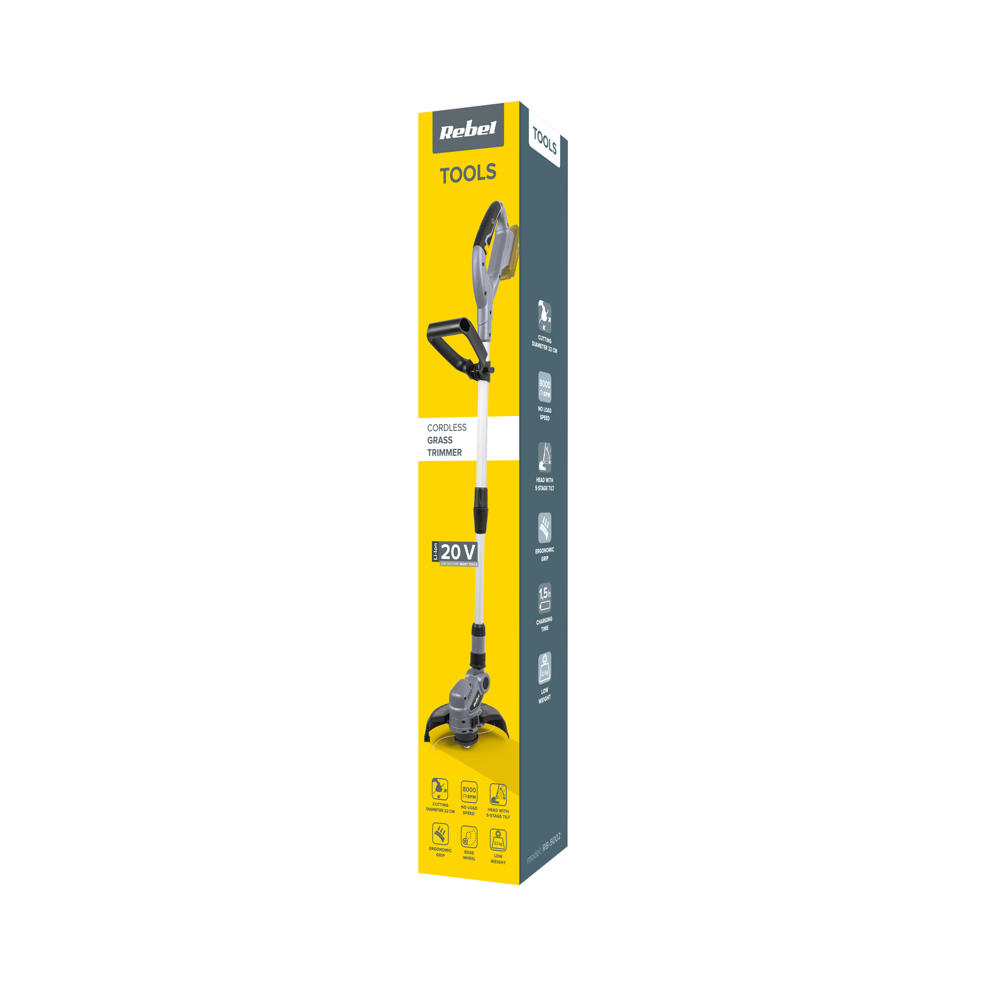 Opakowanie akumulatorowej podkaszarki do trawy Rebel Tools 20V na czarnym tle.