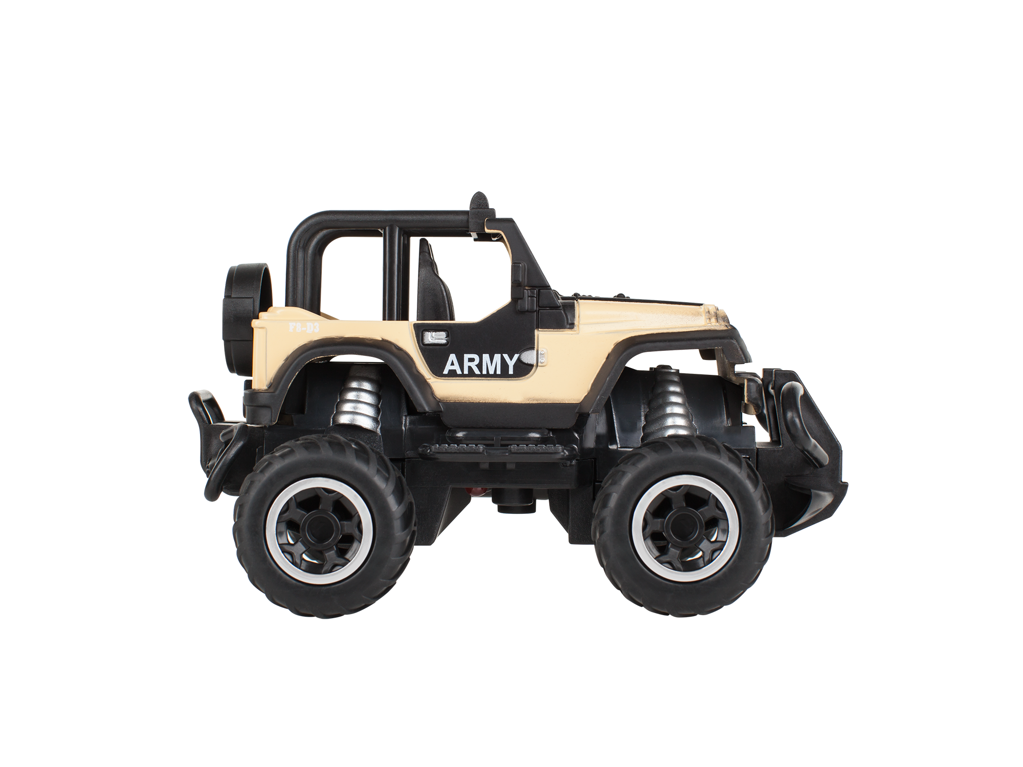 Beżowo-czarny wojskowy jeep z dużymi oponami terenowymi, napisem ARMY i widocznymi sprężynami.