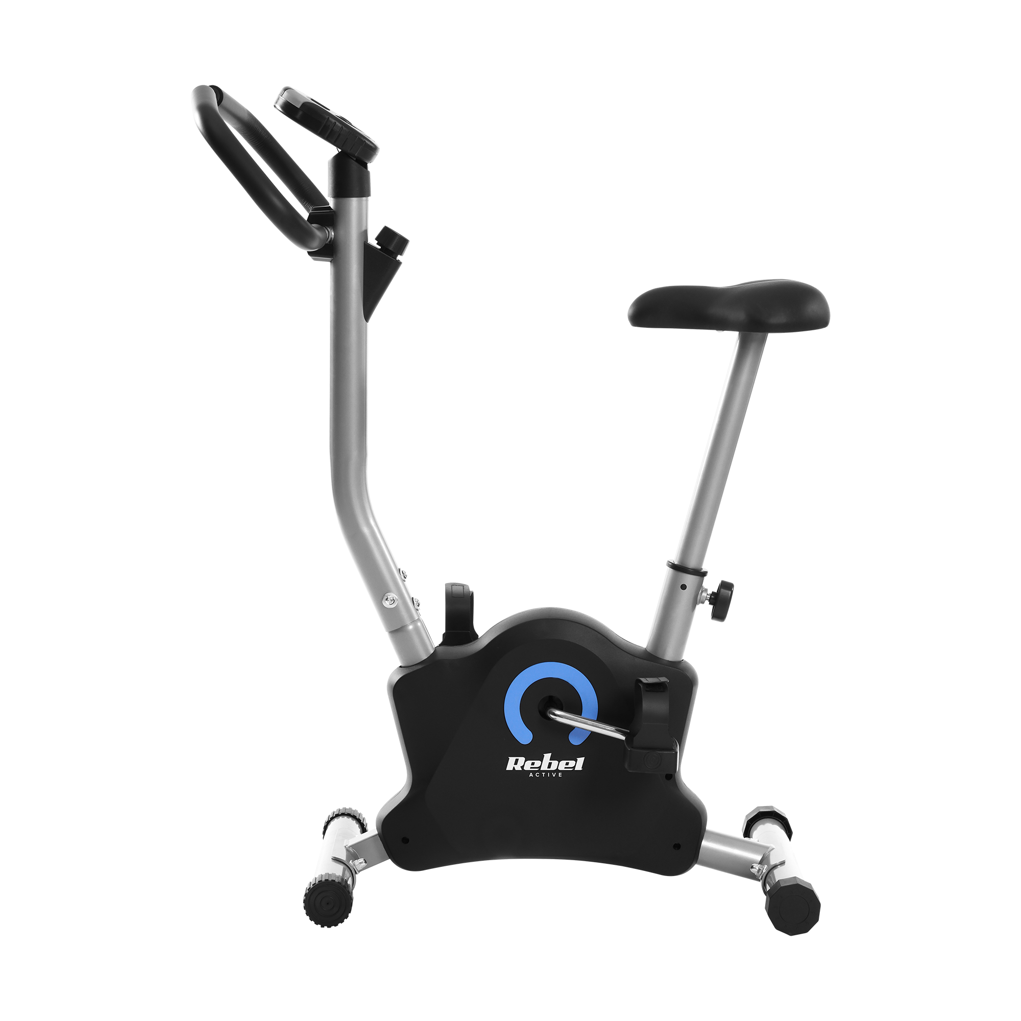 Srebrny i czarny stacjonarny rower treningowy na czarnym tle.