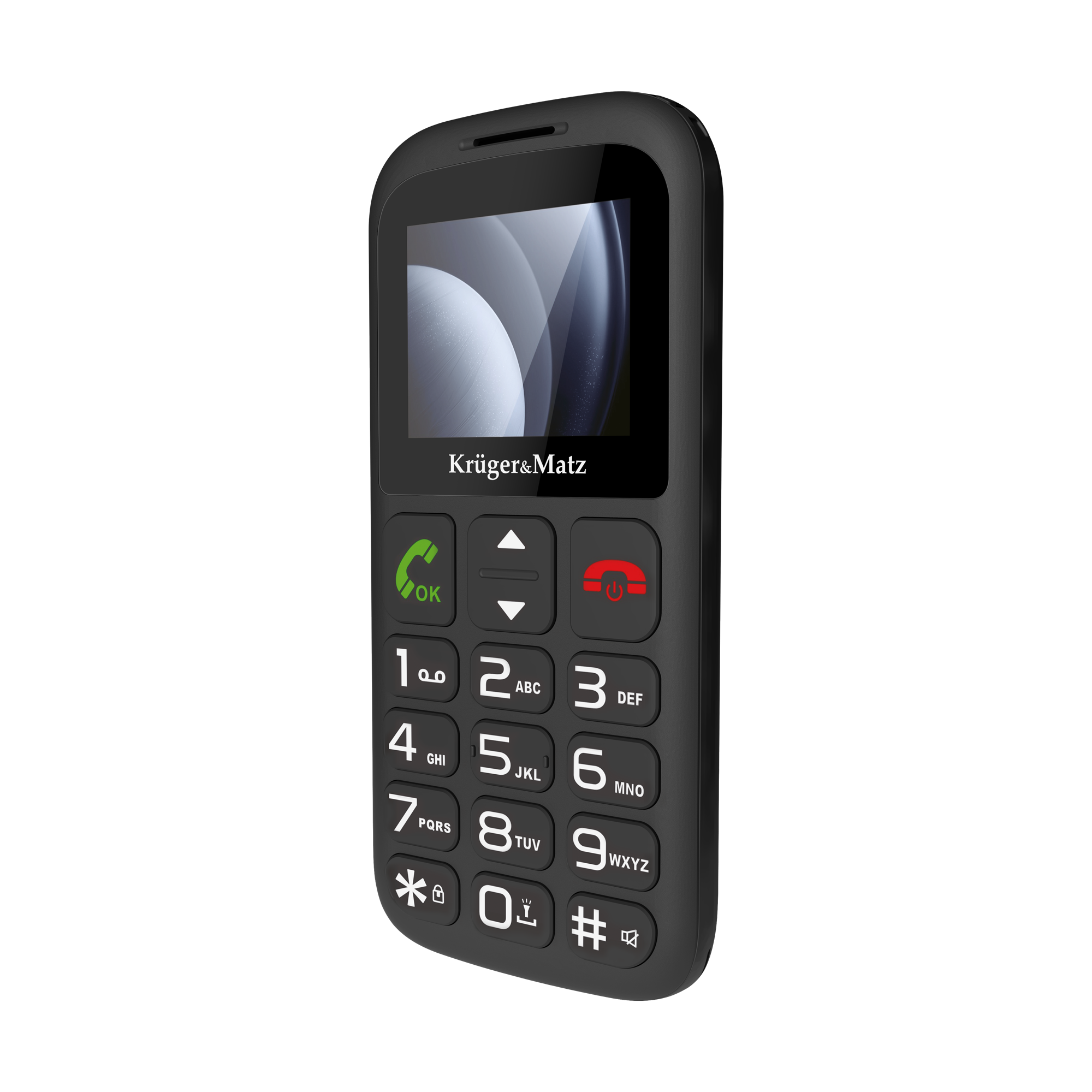 Czarny telefon komórkowy z klawiaturą numeryczną i małym ekranem na czarnym tle.