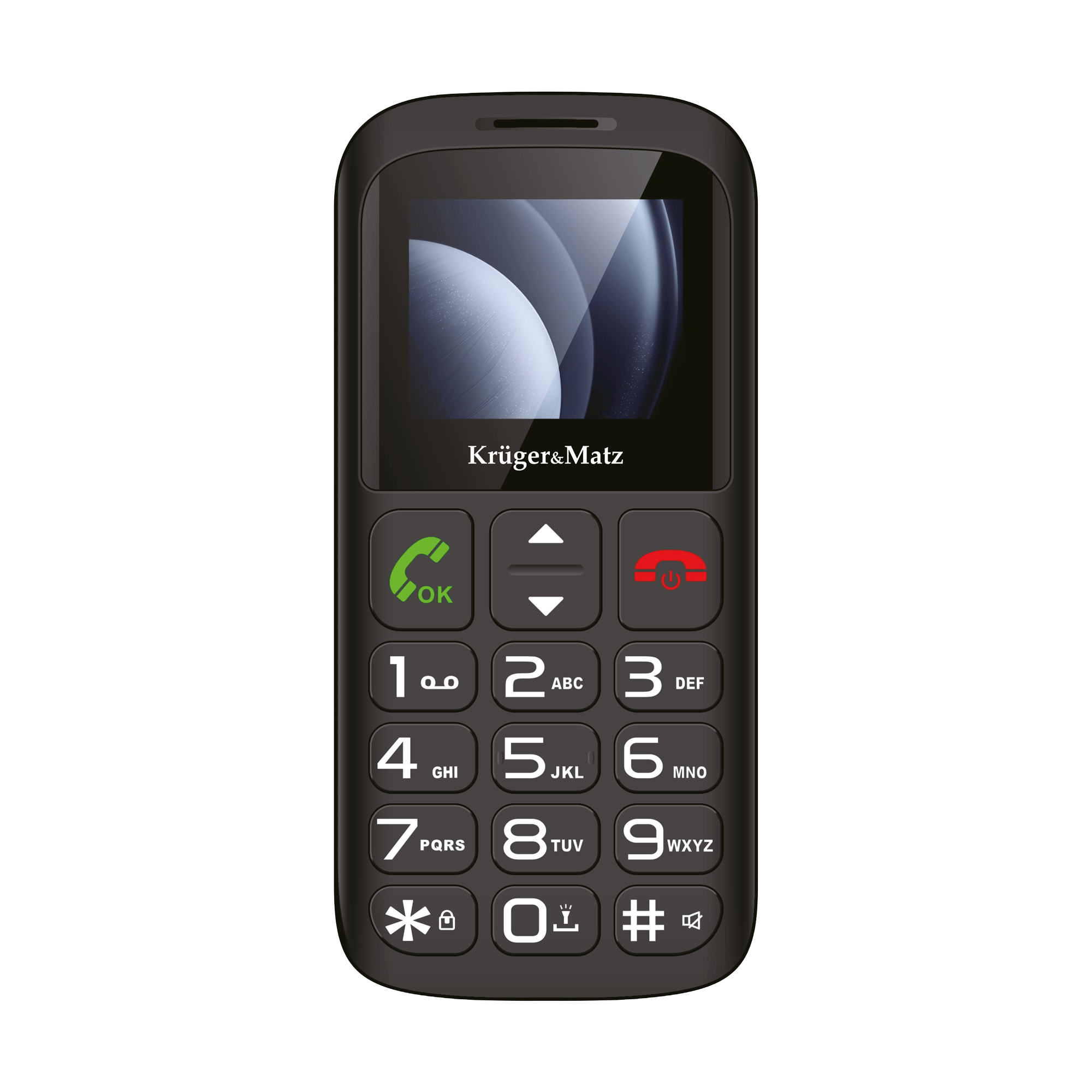 Czarny telefon komórkowy Krüger&Matz z fizyczną klawiaturą i kolorowym ekranem przedstawiającym tapetę z planetą.