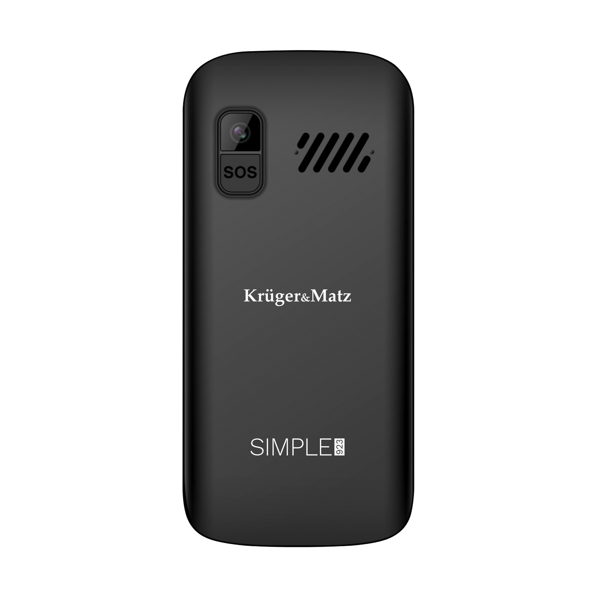 Tył czarnego telefonu Krüger&Matz SIMPLE 923 z aparatem, przyciskiem SOS i głośnikiem.