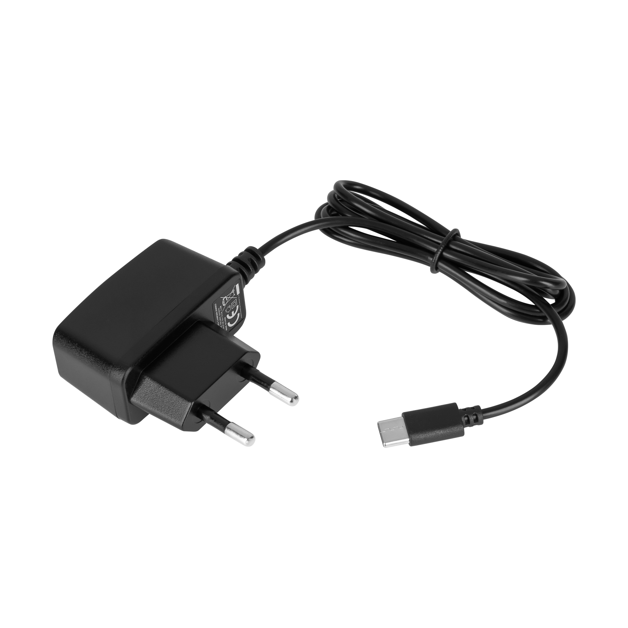 Czarna ładowarka sieciowa USB-C z europejską wtyczką i zwiniętym kablem na czarnym tle.