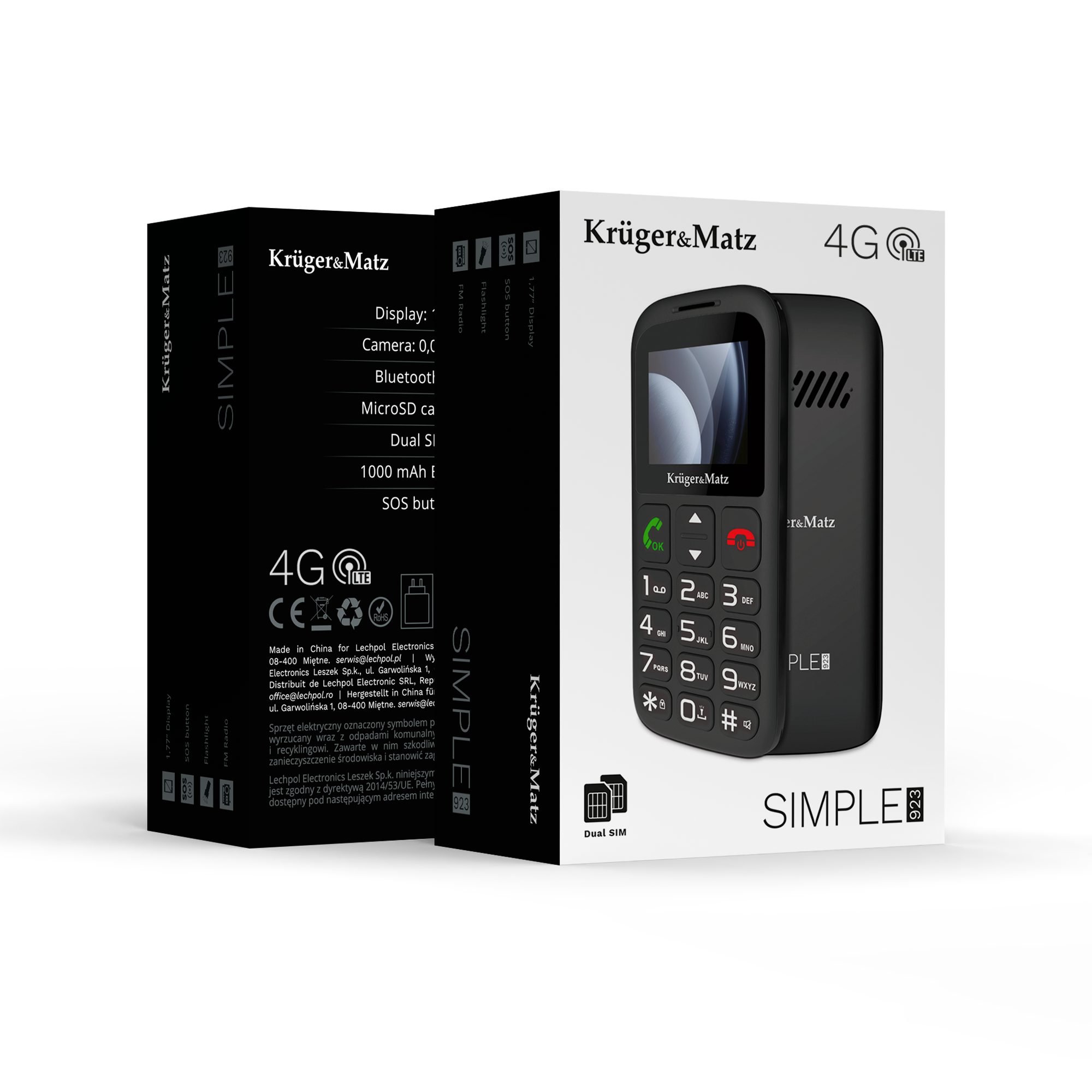 Telefon komórkowy Kruger&Matz Simple 923 4G w czarnym opakowaniu ze zdjęciem i specyfikacją.