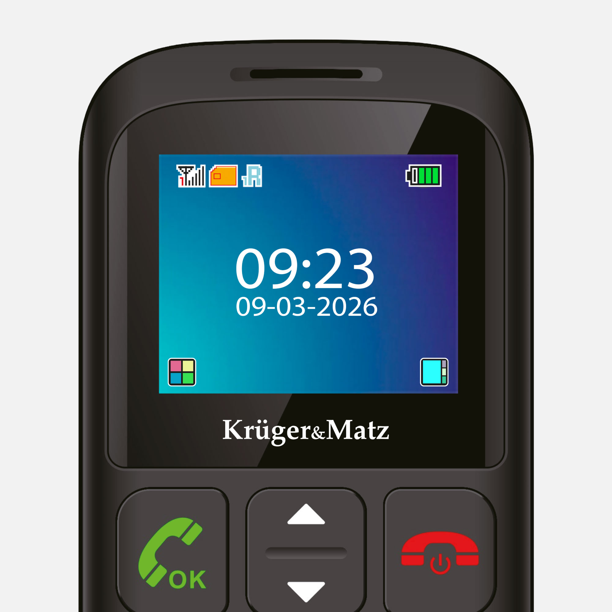 Prosty czarny telefon z kolorowym ekranem pokazuje godzinę 09:23 i datę 09-03-2026.