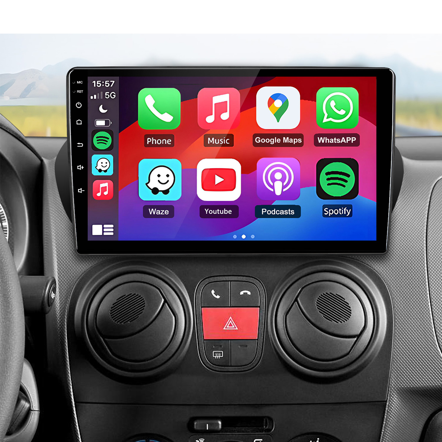 Uno schermo di infotainment per auto mostra le icone delle app sopra il cruscotto.
