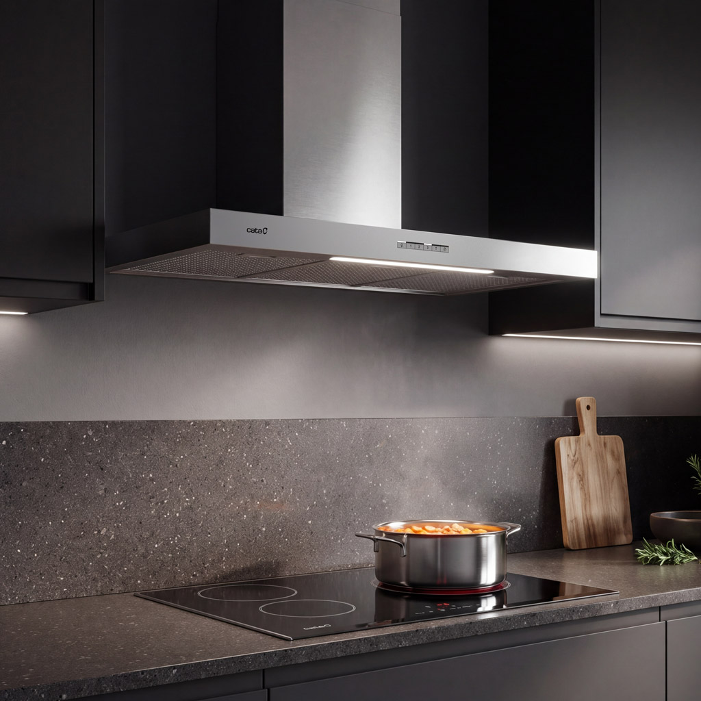 Moderna campana extractora sobre placa negra con una olla y tabla de madera en cocina elegante.