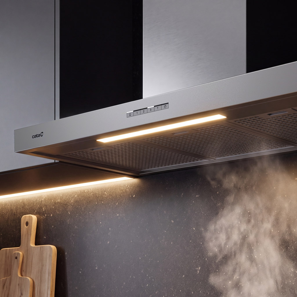 Moderna campana extractora plateada con panel de control iluminado y vapor ascendente en una cocina.