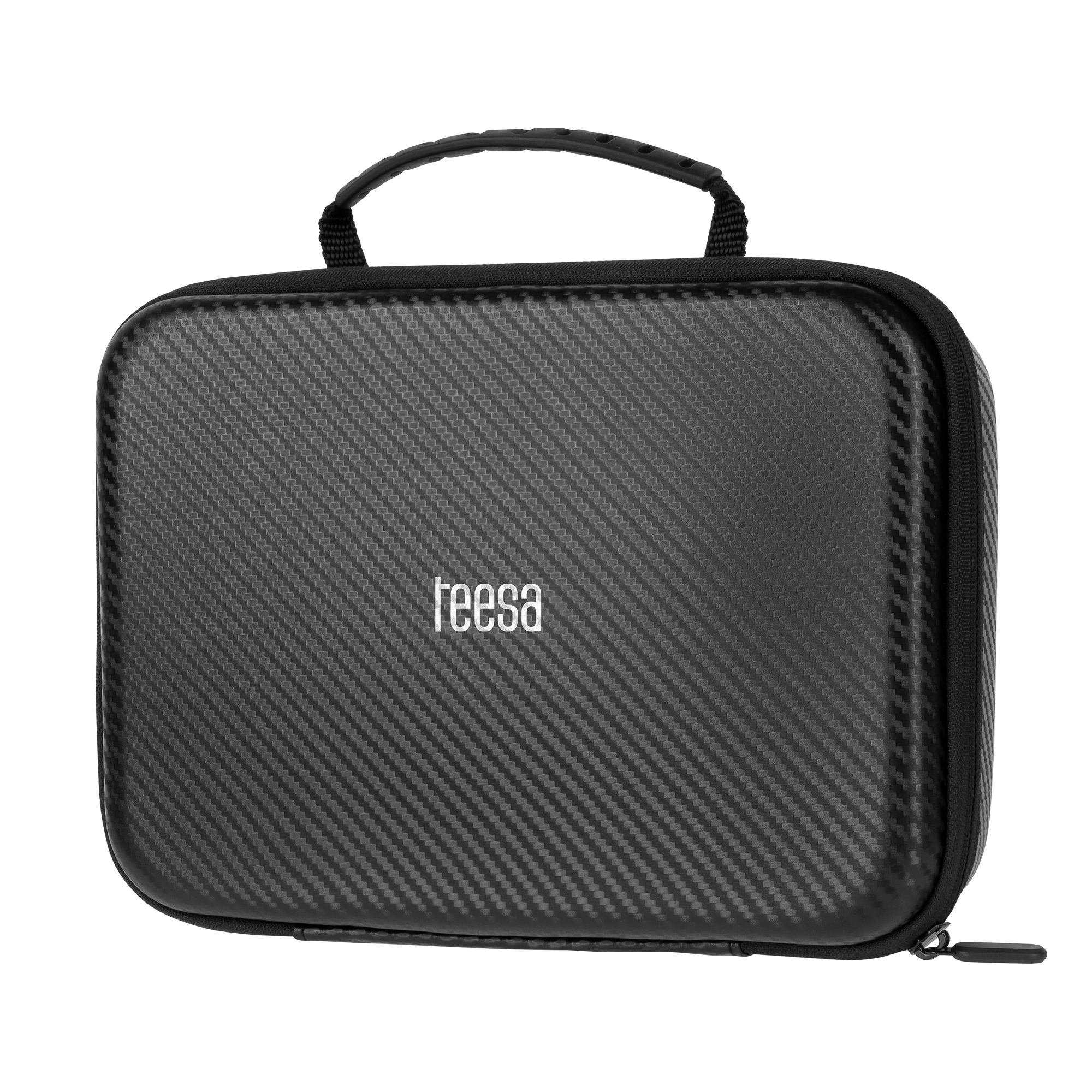 Czarne, sztywne etui z motywem włókna węglowego, górnym uchwytem i białym logo Teesa na środku.