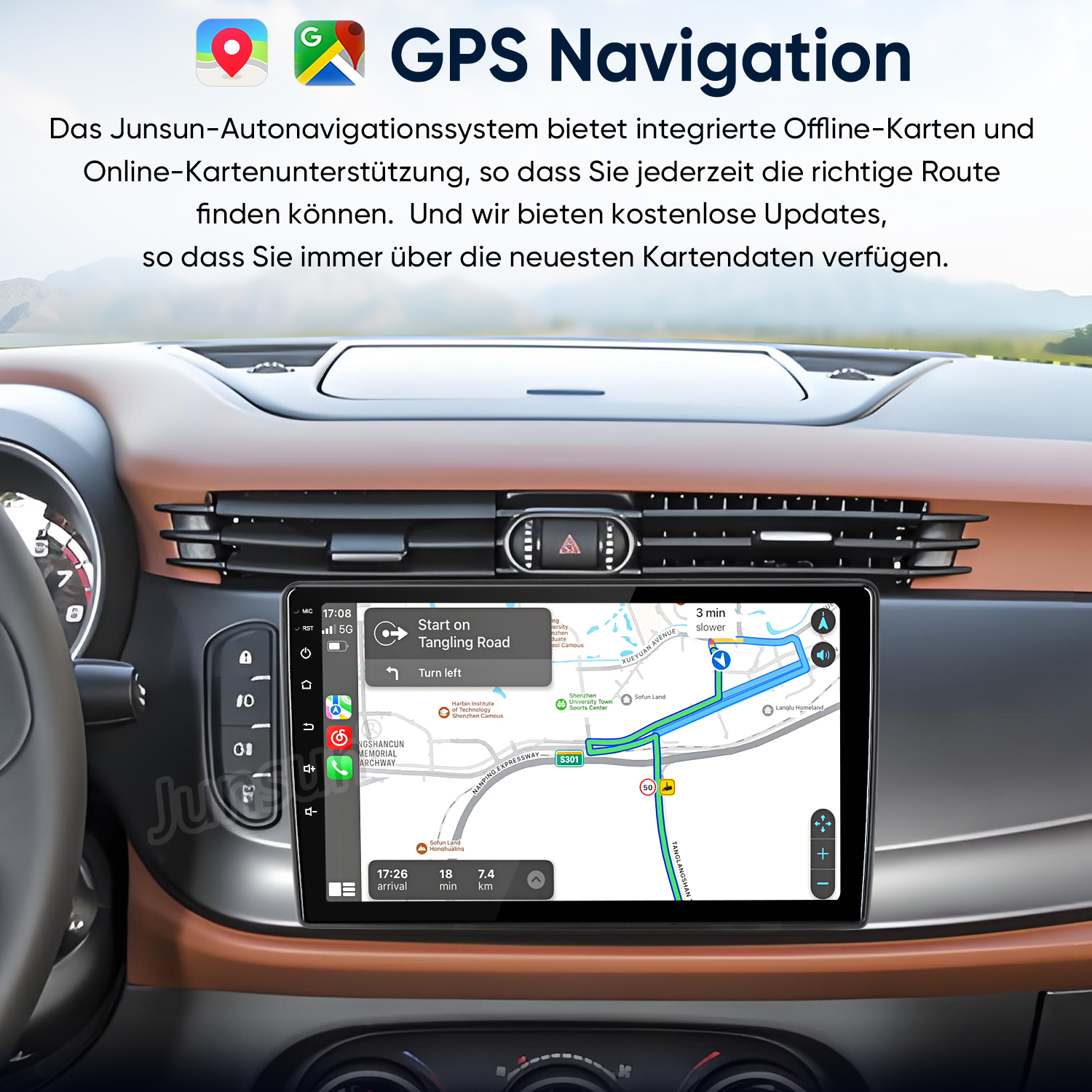 Schermo di navigazione GPS sul cruscotto di un'auto con indicazioni stradali.