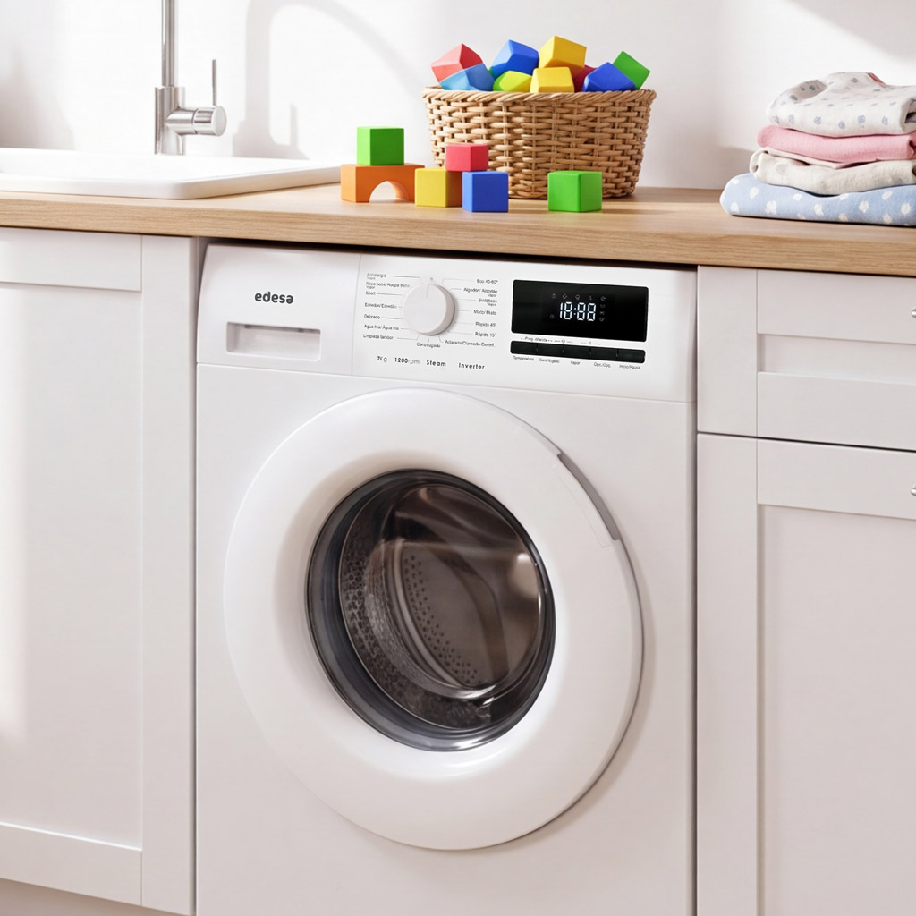 Una lavadora blanca está bajo una encimera de madera con juguetes y ropa doblada.
