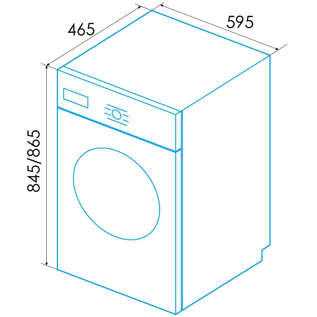 Modelo isométrico de línea azul de una lavadora con etiquetas de dimensiones 465, 595 y 845/865.