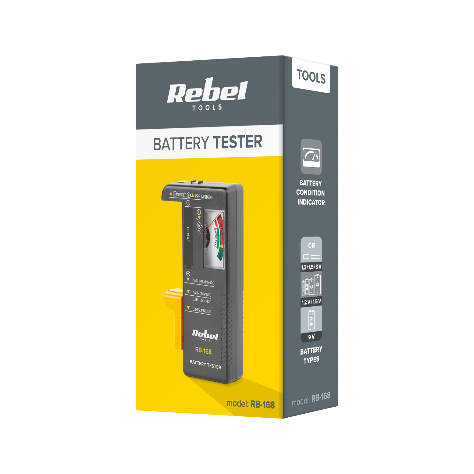 Opakowanie testera baterii Rebel Tools model RB-168 z żółtymi i szarymi akcentami.
