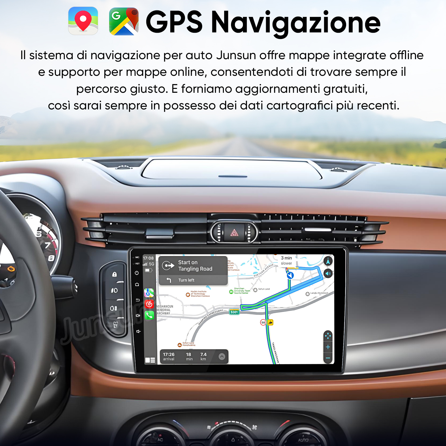 Cruscotto di un'auto con uno schermo di navigazione che mostra una mappa e dettagli del percorso.