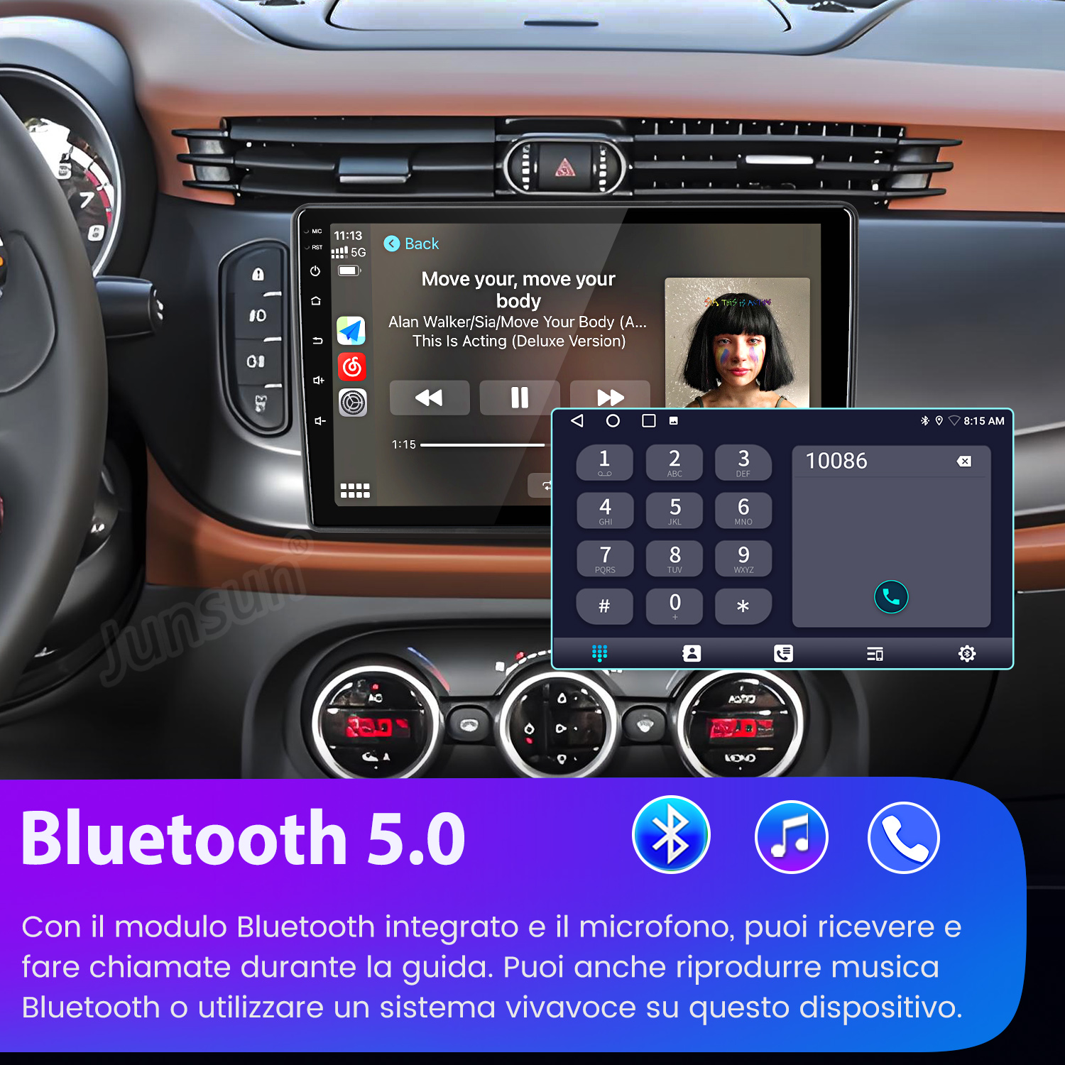 Cruscotto auto con touchscreen, lettore musicale e tastierino telefonico, con testo Bluetooth 5.0 in basso.