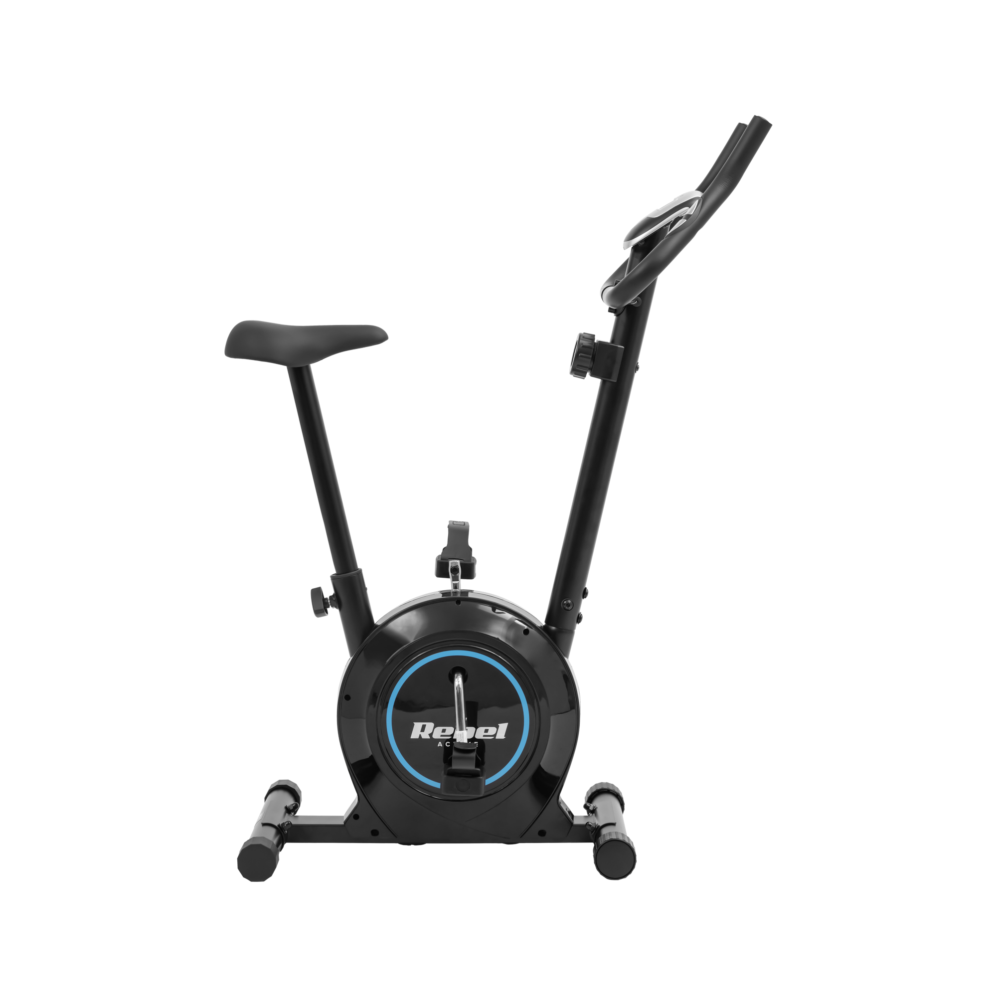 Czarny rower stacjonarny z niebieskim akcentem na kole zamachowym, na czarnym tle.