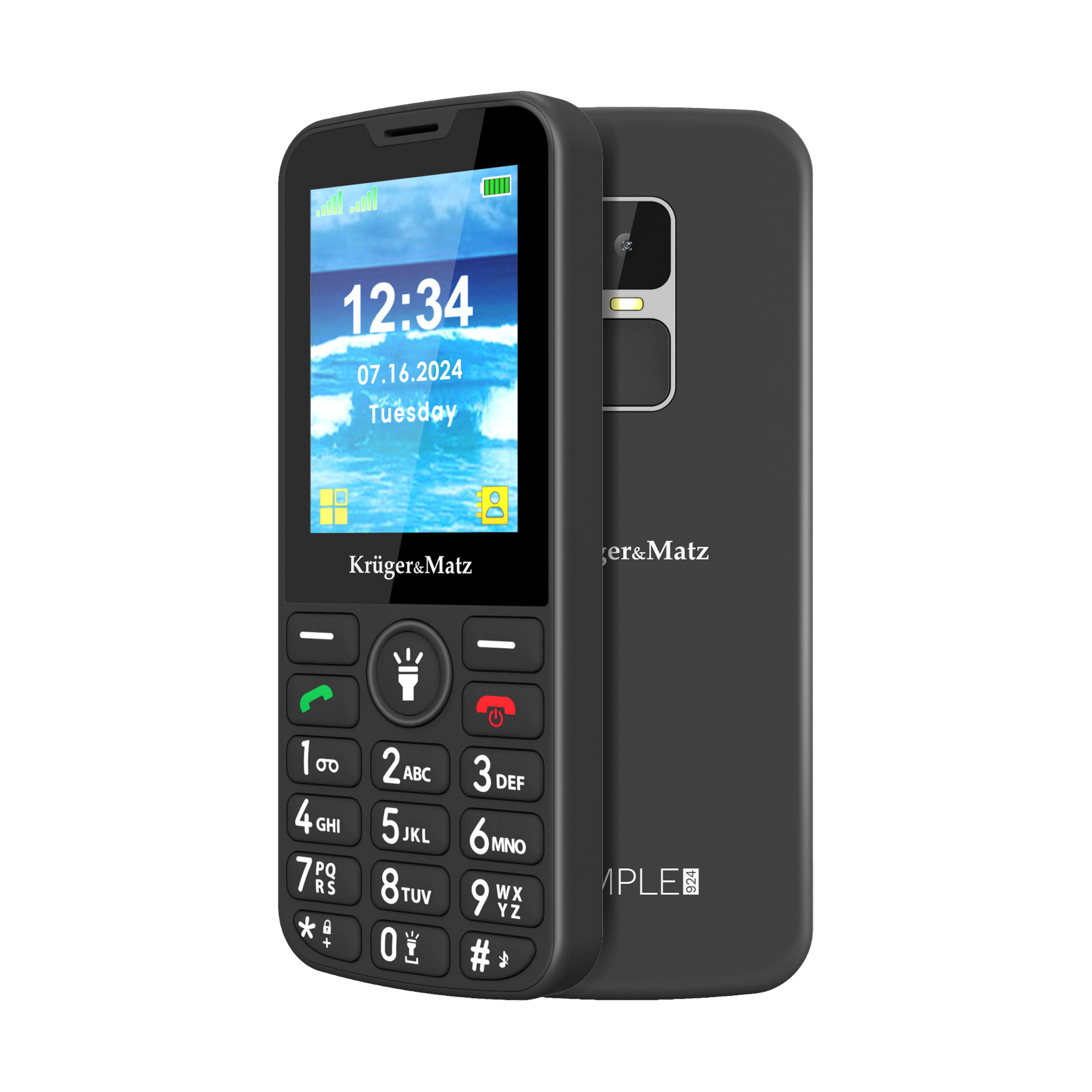 Czarny telefon z klawiaturą, ekranem z plażą z przodu i aparatem z tyłu na czarnym tle.