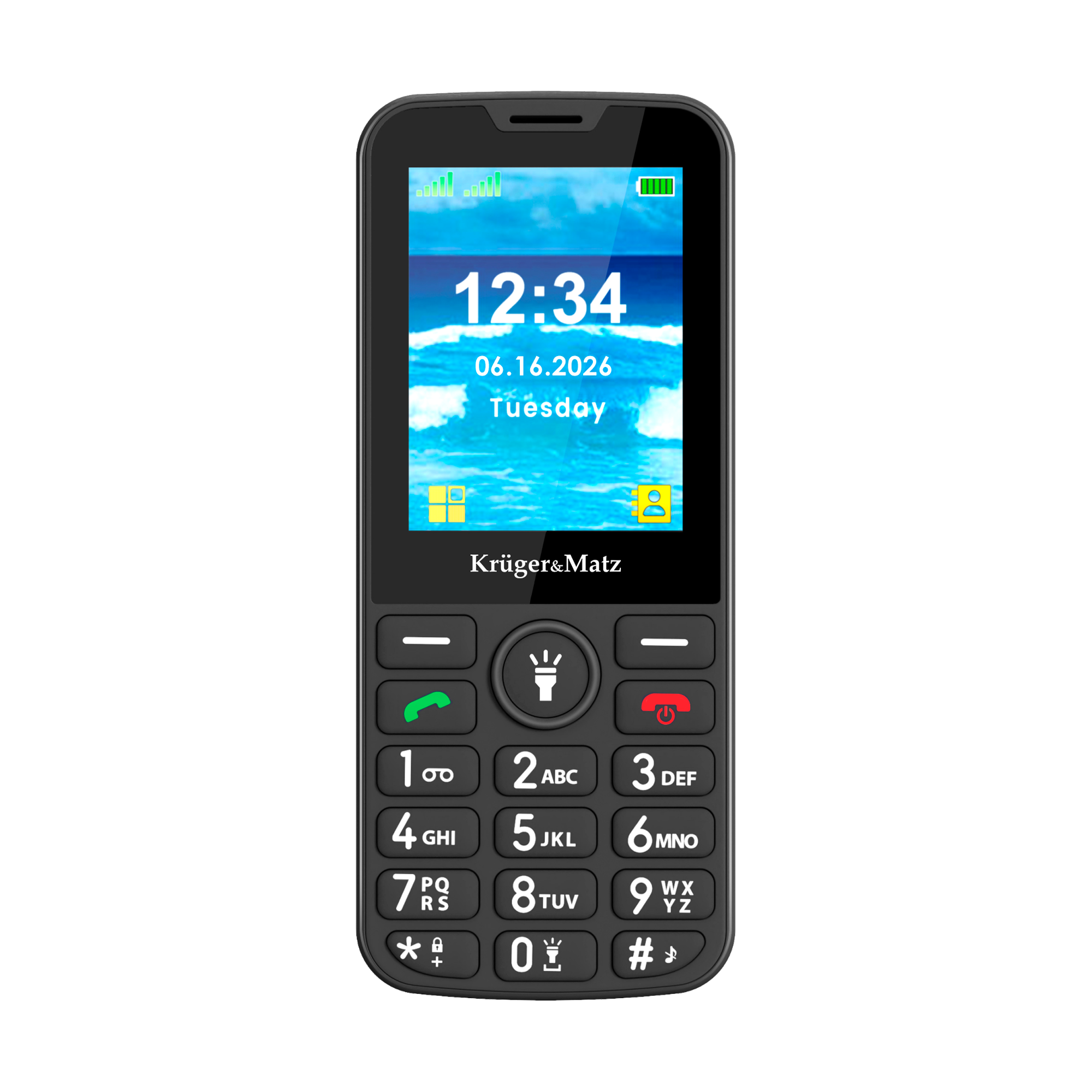 Czarny telefon z klawiszami i widokiem plaży na ekranie.