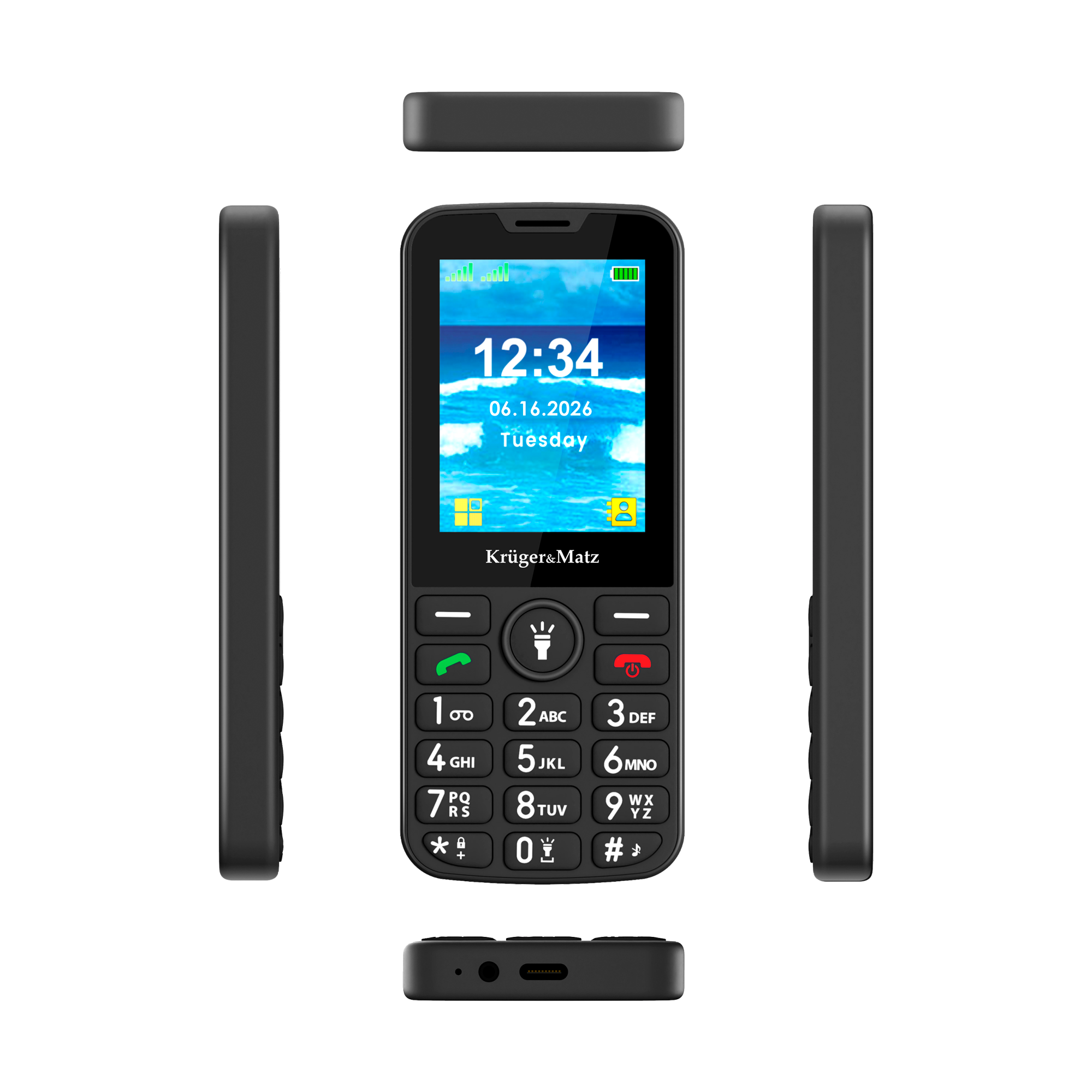 Czarny telefon komórkowy z kolorowym ekranem, klawiaturą fizyczną i widokami pod wieloma kątami.