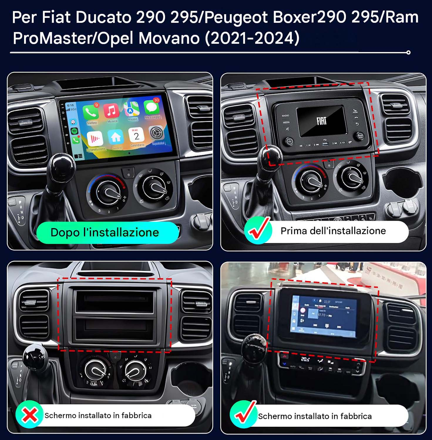 Confronto del cruscotto prima e dopo l'installazione di un nuovo schermo multimediale.