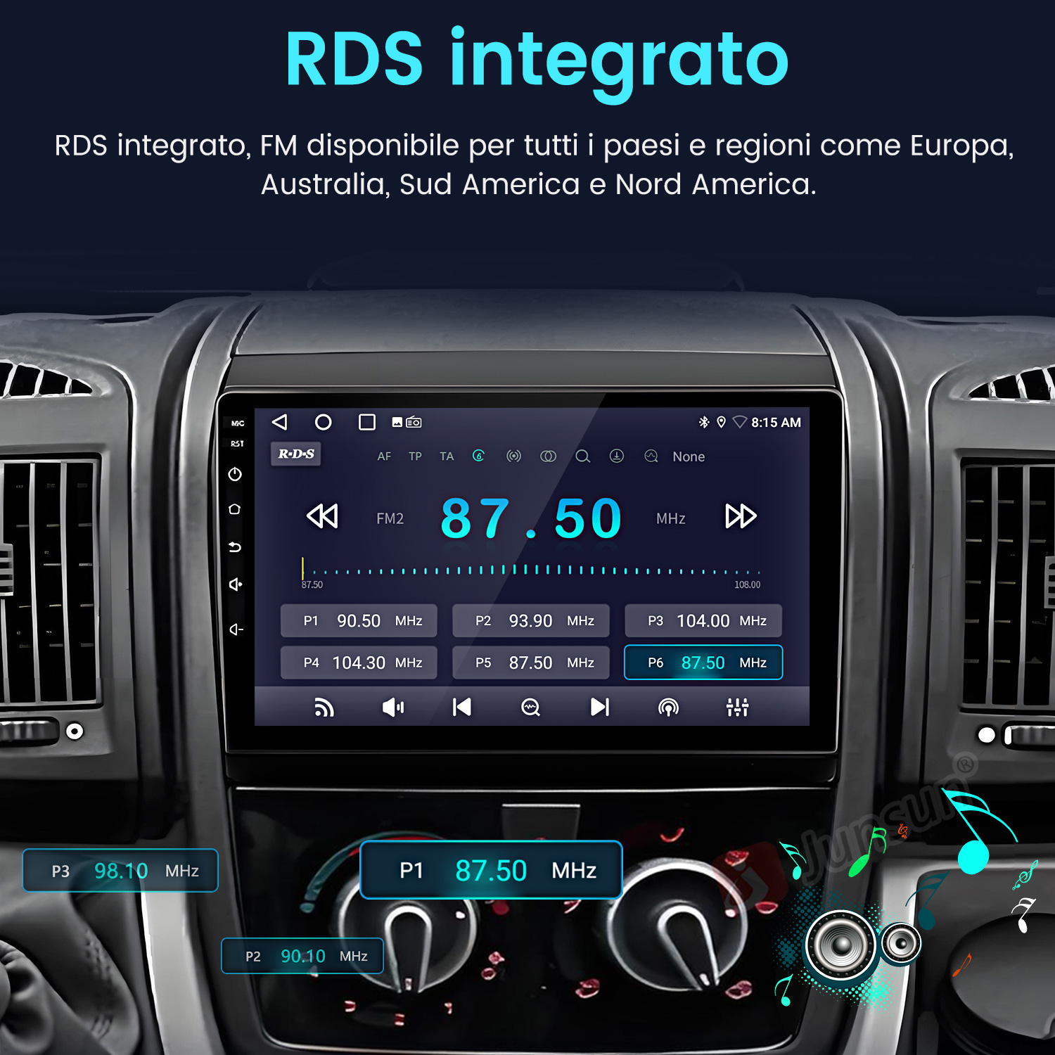 Un cruscotto auto con display digitale e interfaccia radio RDS, che mostra la frequenza 87,50 MHz.