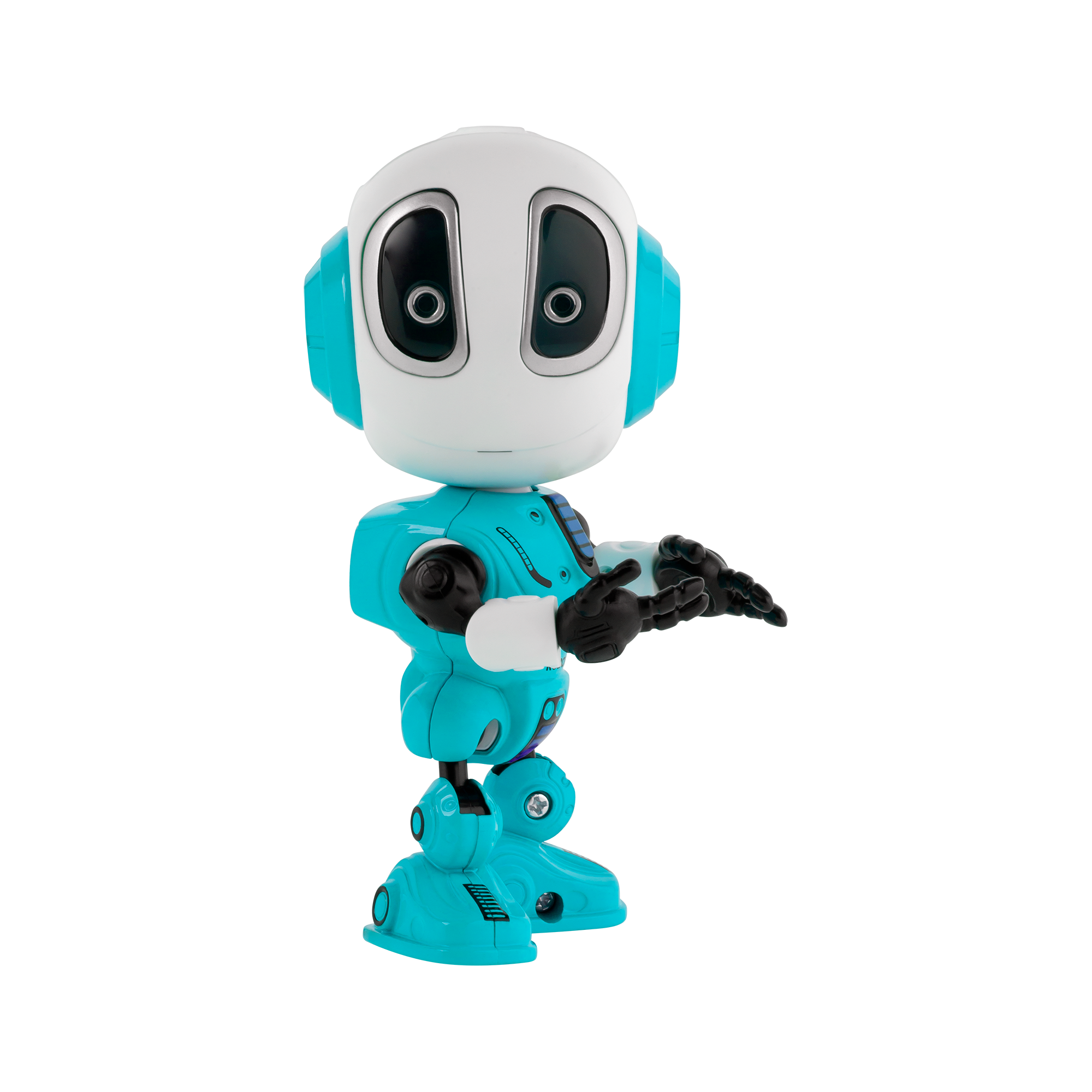 Biało-turkusowy robot z dużymi czarnymi oczami i otwartymi dłońmi na czarnym tle.