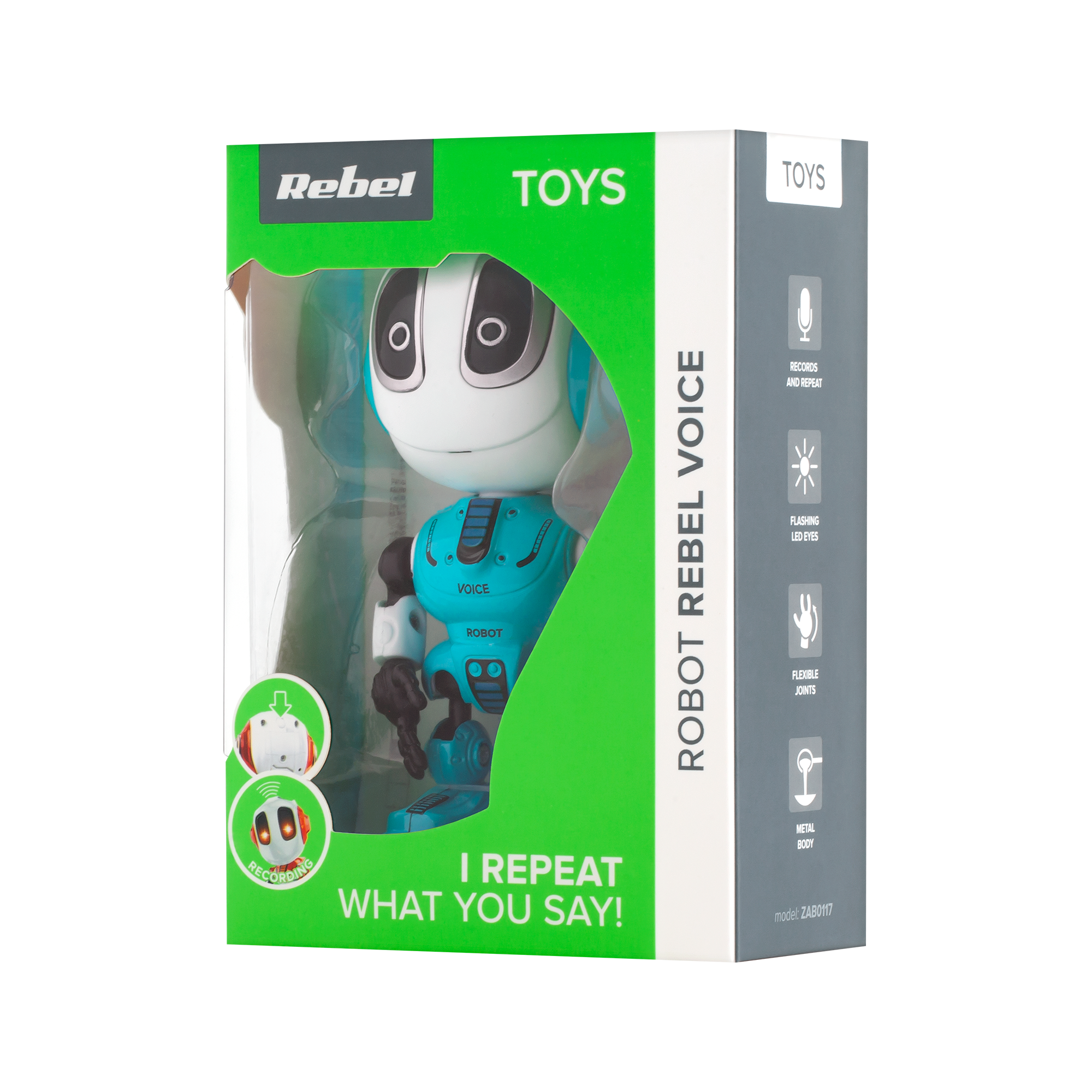Zielono-białe pudełko Rebel Toys przedstawia niebiesko-białego gadającego robota.