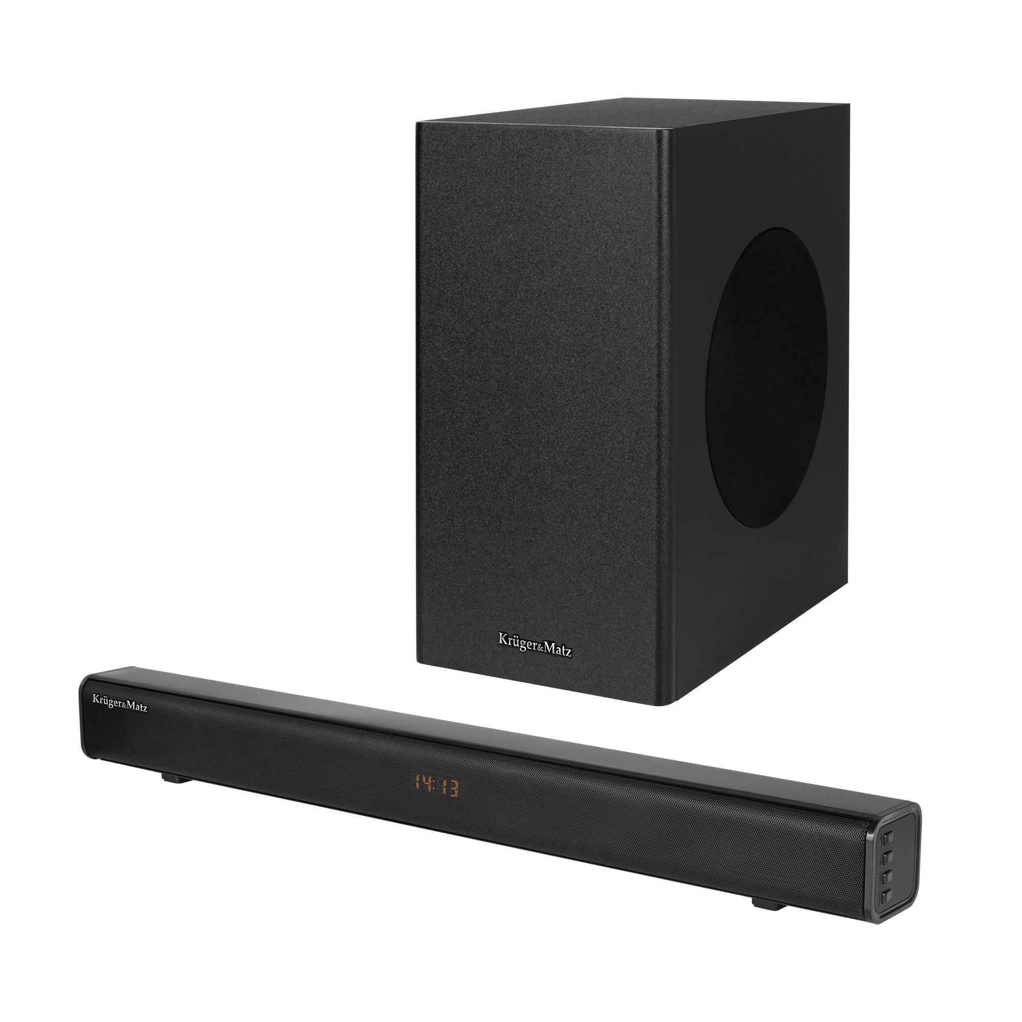 Czarny soundbar i subwoofer Krüger&Matz na czarnym tle.