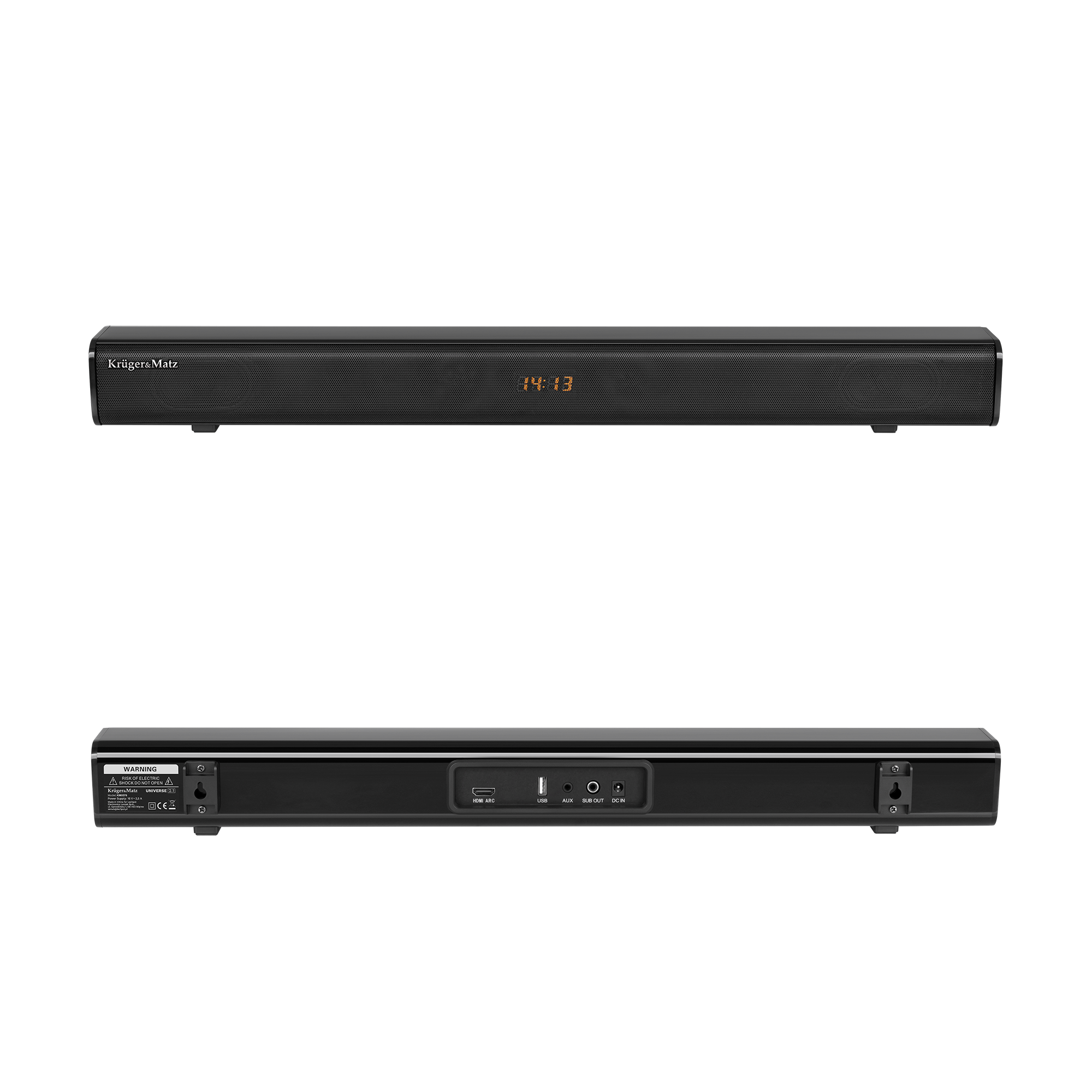Czarny soundbar z wyświetlaczem z przodu i portami z tyłu na czarnym tle.