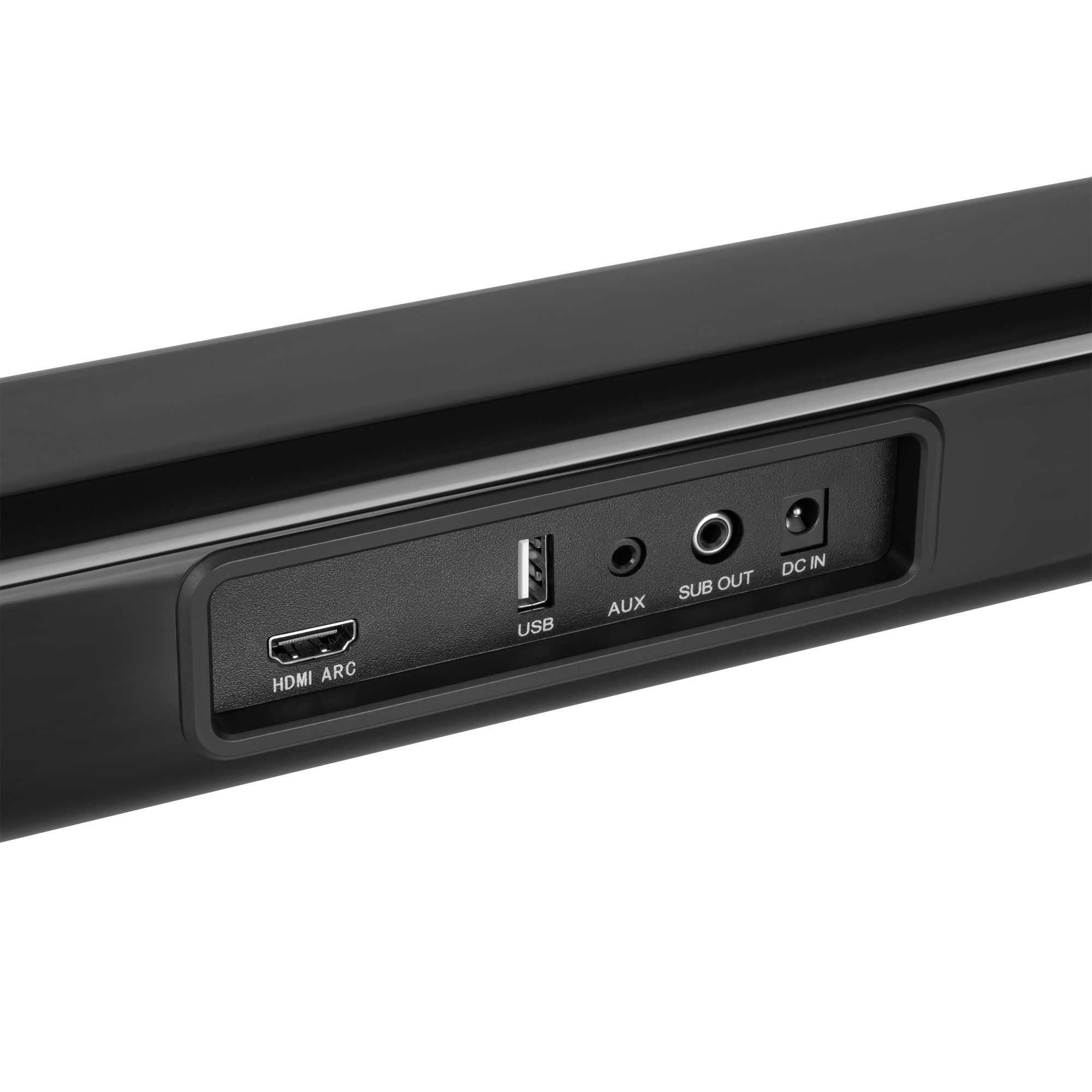 Tylny panel czarnego soundbara z portami HDMI ARC, USB, AUX, SUB OUT i DC IN.