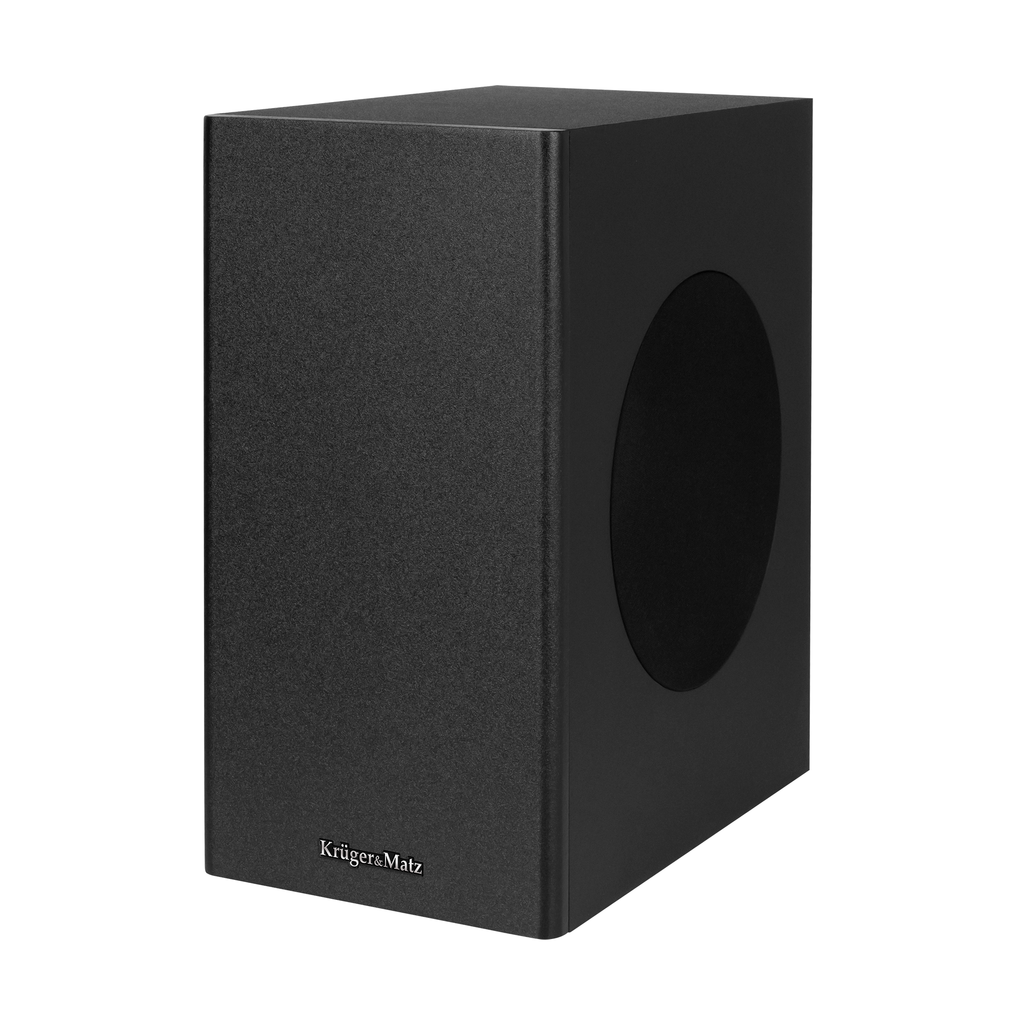 Czarny subwoofer Krüger&Matz z okrągłym głośnikiem z boku na czarnym tle.