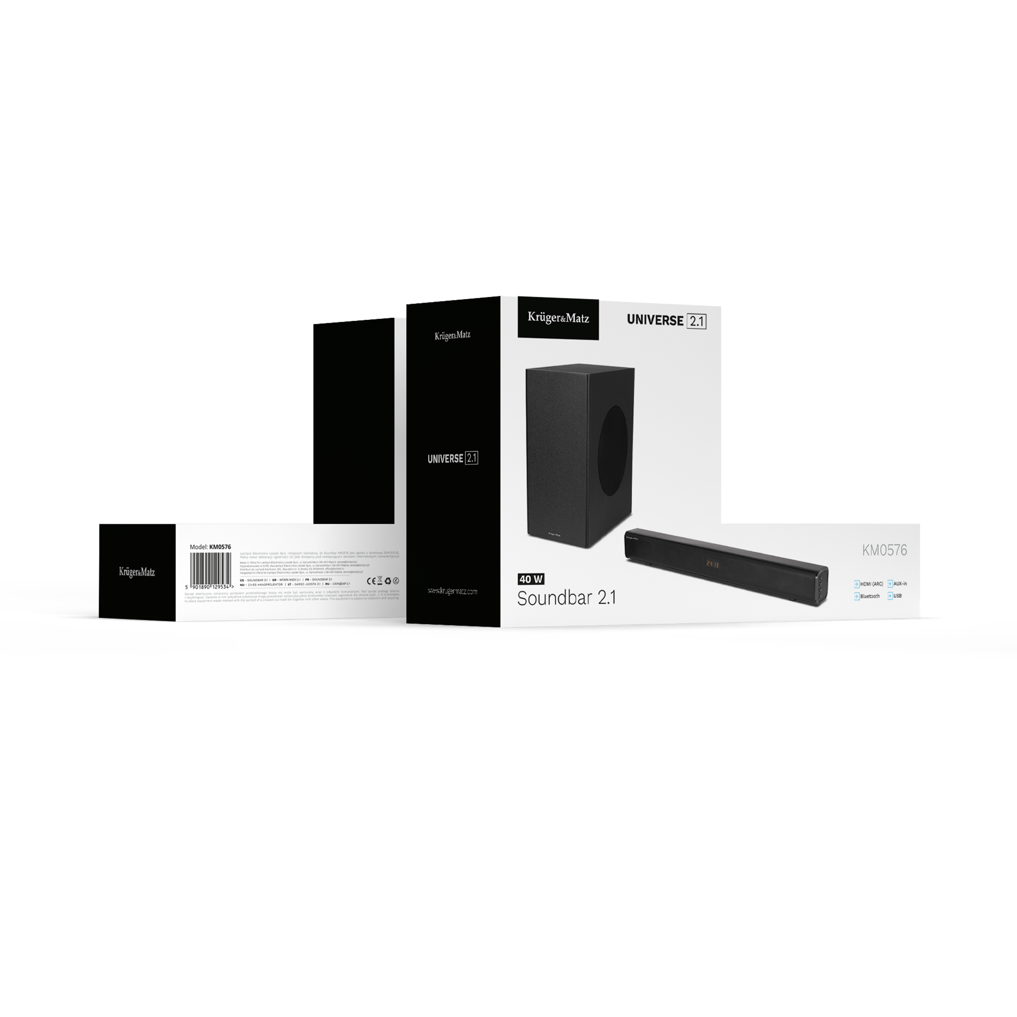 Biało-czarne pudełko produktu Soundbar Kruger&Matz Universe 2.1, prezentujące głośnik i subwoofer.