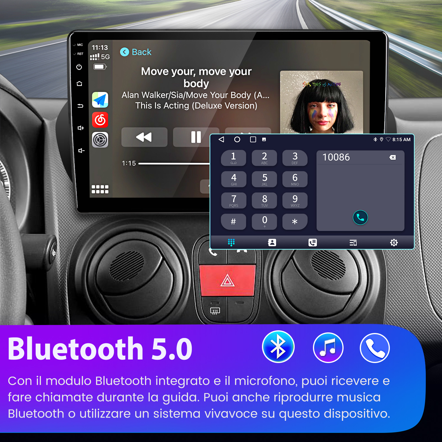 Cruscotto auto con schermo touch che mostra riproduzione musicale e tastierino telefonico.