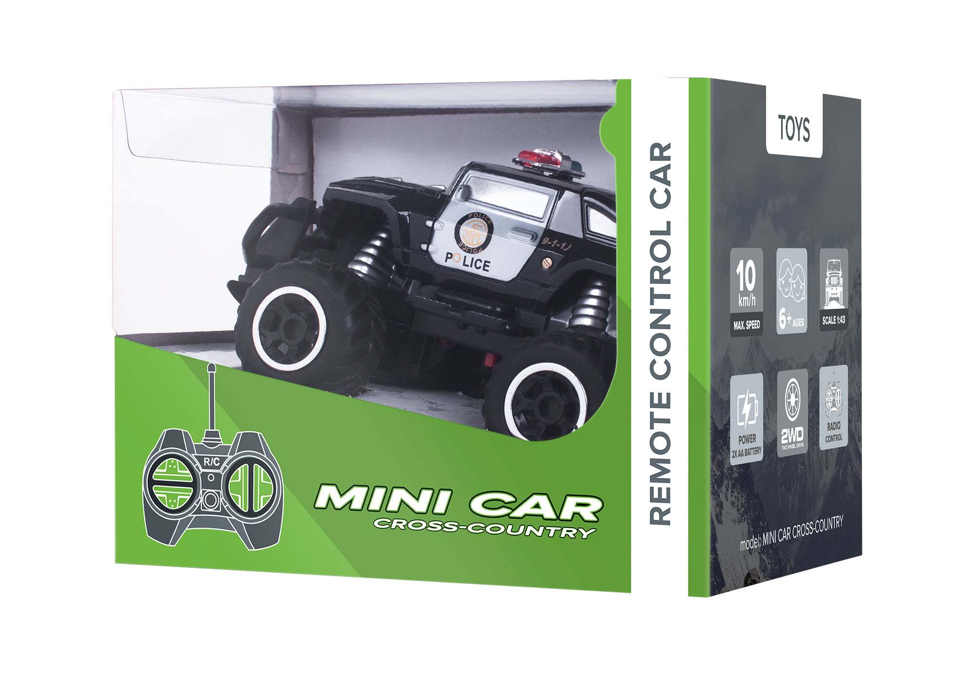 Opakowanie mini policyjnego samochodu terenowego na zdalne sterowanie na zielonym tle.