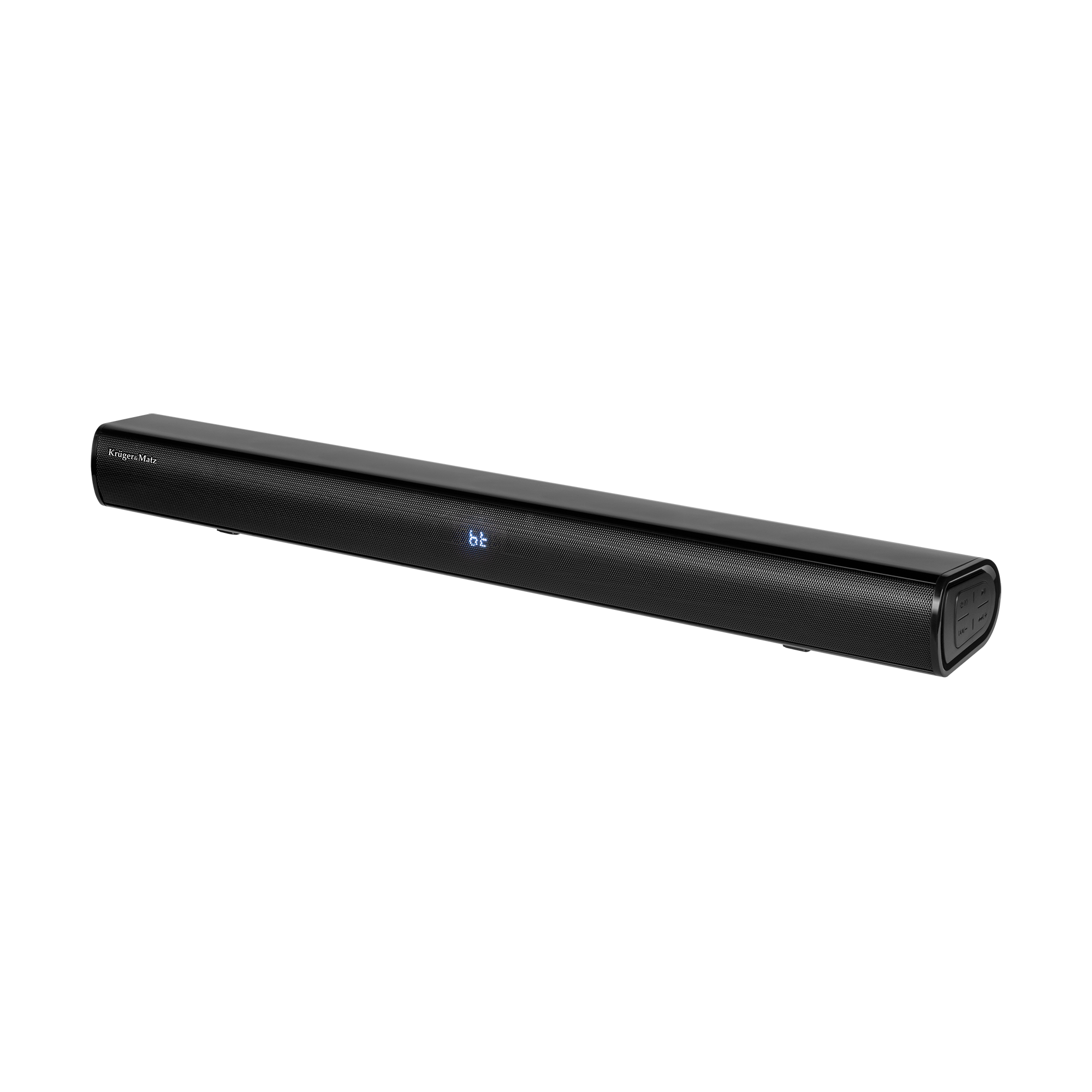 Czarny soundbar Kruger&Matz z podświetlanym na niebiesko wyświetlaczem na czarnym tle.