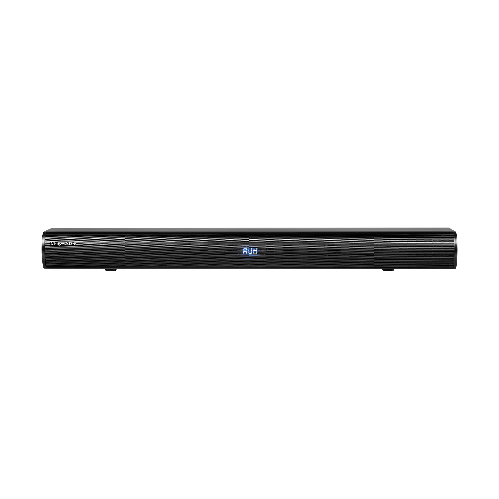 Czarny soundbar z niebieskim wyświetlaczem cyfrowym pośrodku i logo marki po lewej stronie na czarnym tle.