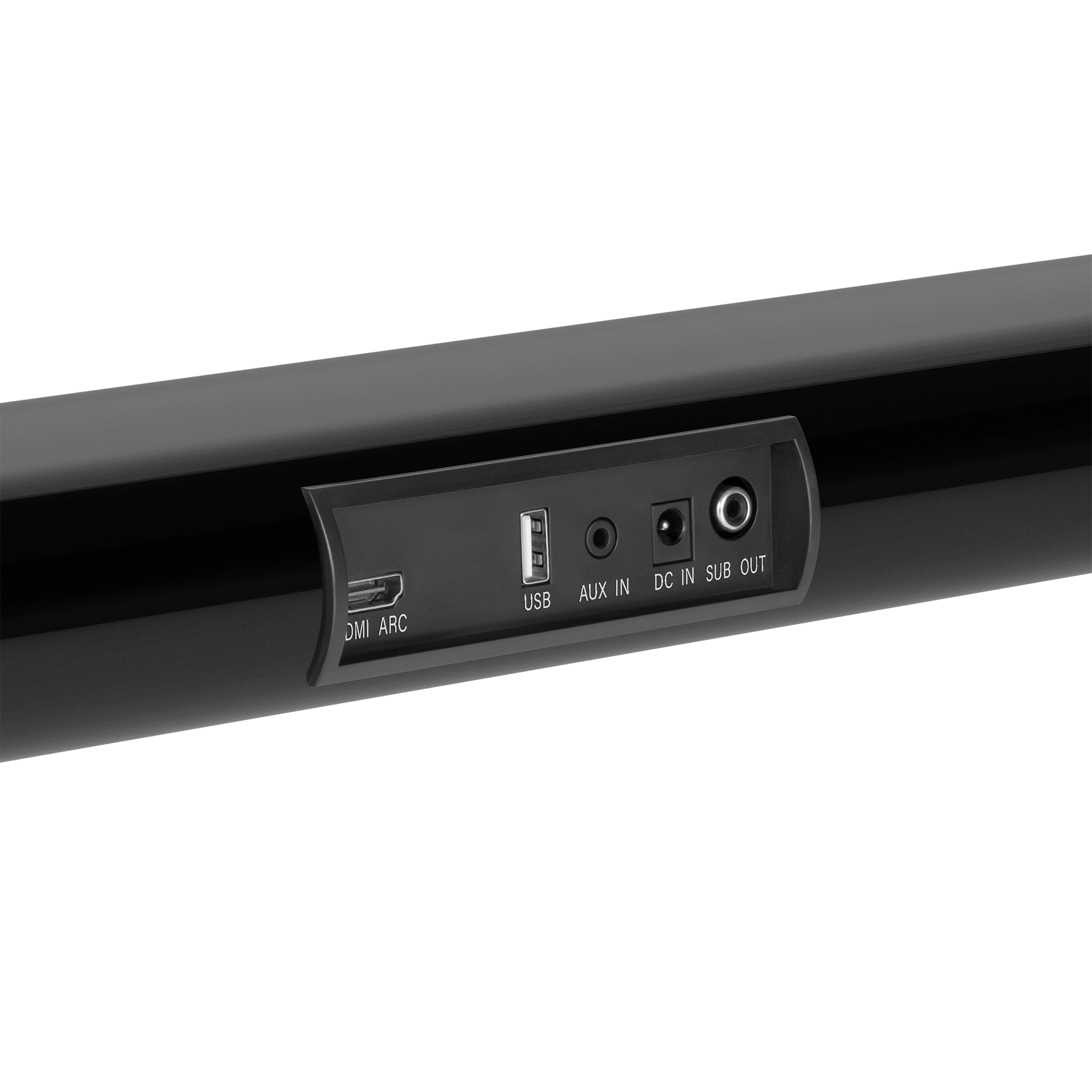 Tylny panel czarnego soundbara z portami HDMI ARC, USB, AUX IN, DC IN i SUB OUT.