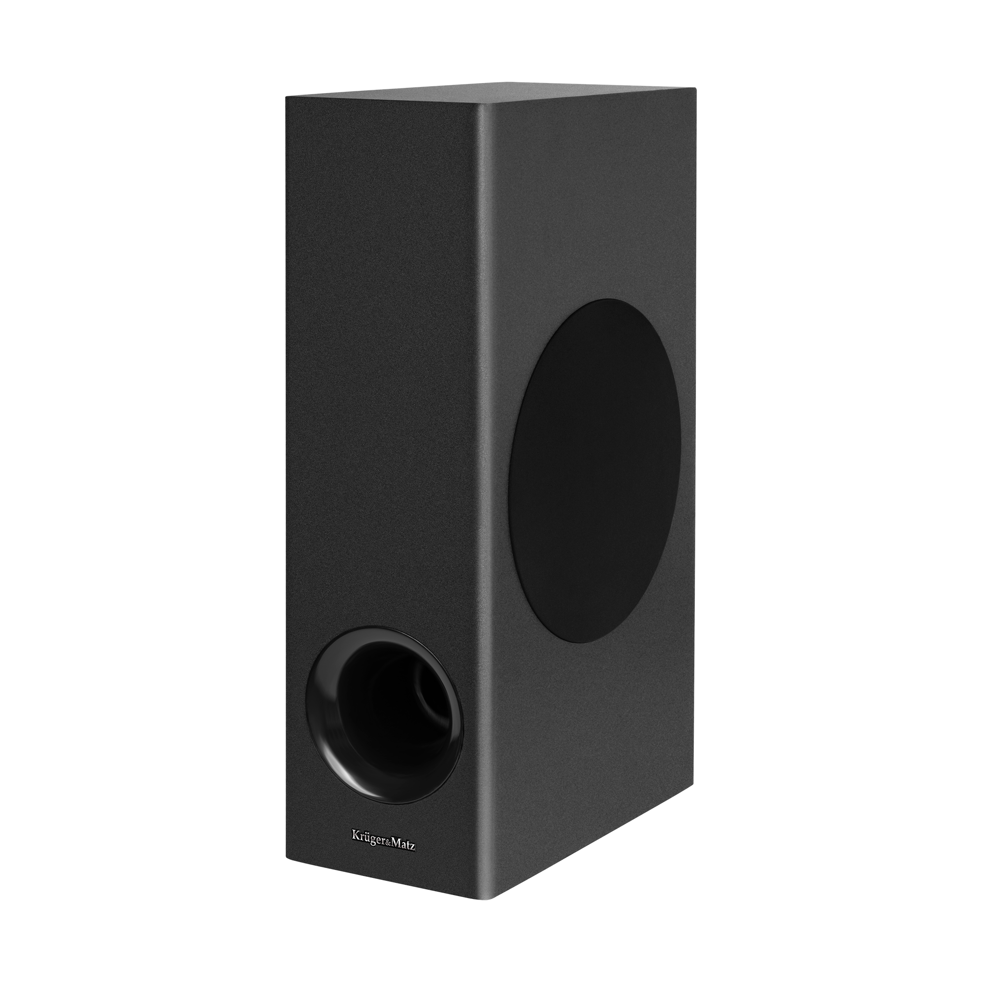 Szary subwoofer Kruger&Matz na czarnym tle z głośnikiem niskotonowym i logo.